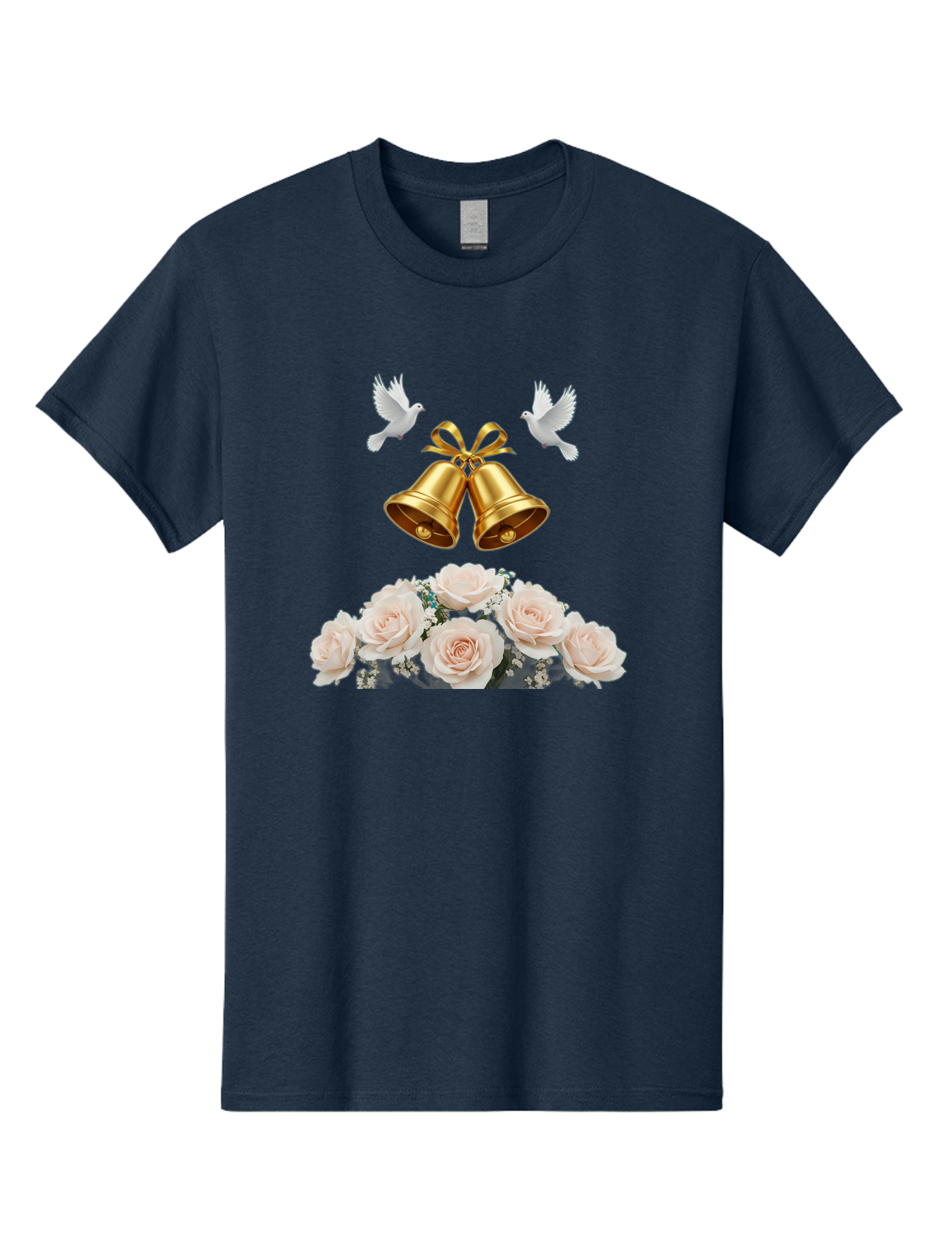 Wedding-Bells-With-Roses Men'S Graphic Tee, 100% Cotton, Comfortable Casual Summer Wear, Machine Washable, Wedding Bells, Golden Bells, White Doves, Bouquet Of Roses, White Roses, Baby'S Breath, Wedding Decor, Wedding Invitation, Bab580