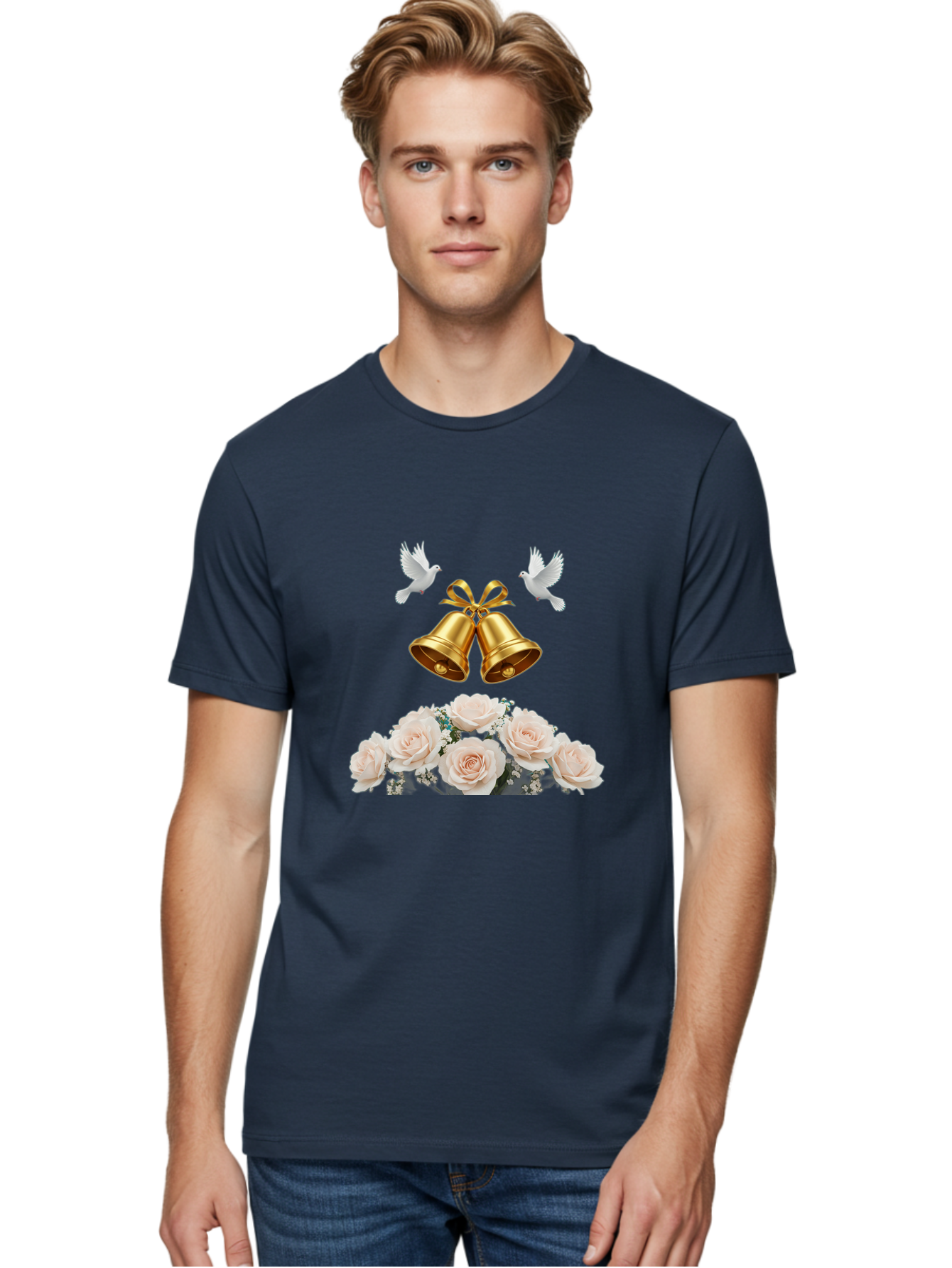 Wedding-Bells-With-Roses Men'S Graphic Tee, 100% Cotton, Comfortable Casual Summer Wear, Machine Washable, Wedding Bells, Golden Bells, White Doves, Bouquet Of Roses, White Roses, Baby'S Breath, Wedding Decor, Wedding Invitation, Bab580