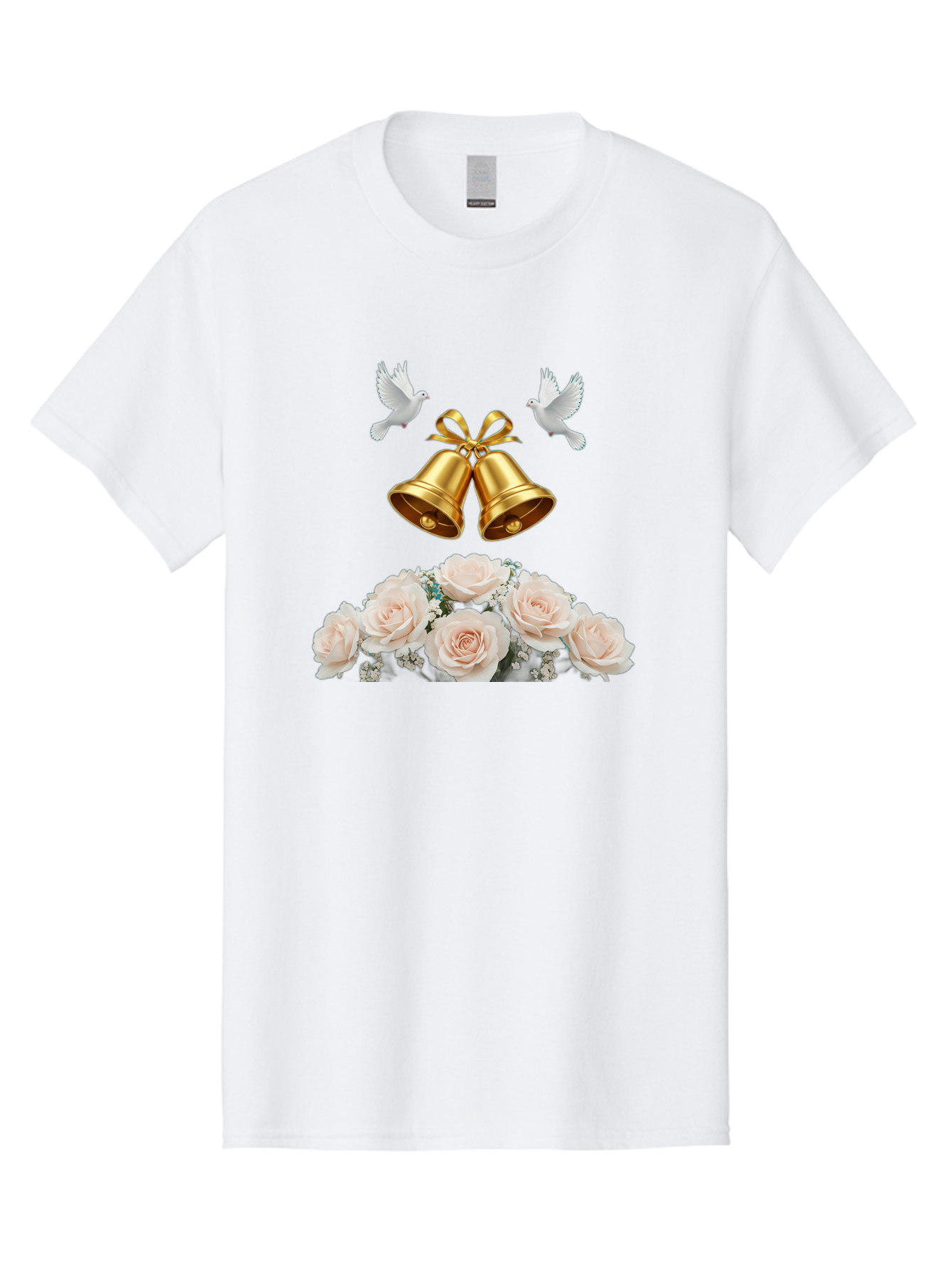 Wedding-Bells-With-Roses Men'S Graphic Tee, 100% Cotton, Comfortable Casual Summer Wear, Machine Washable, Wedding Bells, Golden Bells, White Doves, Bouquet Of Roses, White Roses, Baby'S Breath, Wedding Decor, Wedding Invitation, Bab580