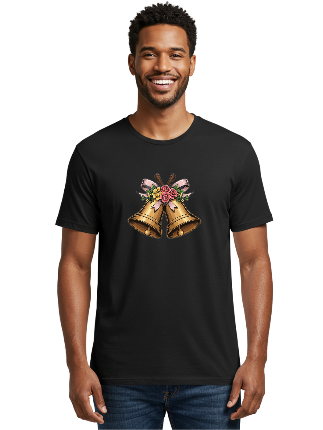 Wedding-Bells Men'S Graphic Tee, 100% Cotton, Comfortable Casual Summer Wear, Machine Washable, Wedding Bells, Golden Bells, Floral Arrangement, Roses, Pink Ribbon, Elegant Design, Wedding Decor, Celebratory Theme, Vintage Style Bab581