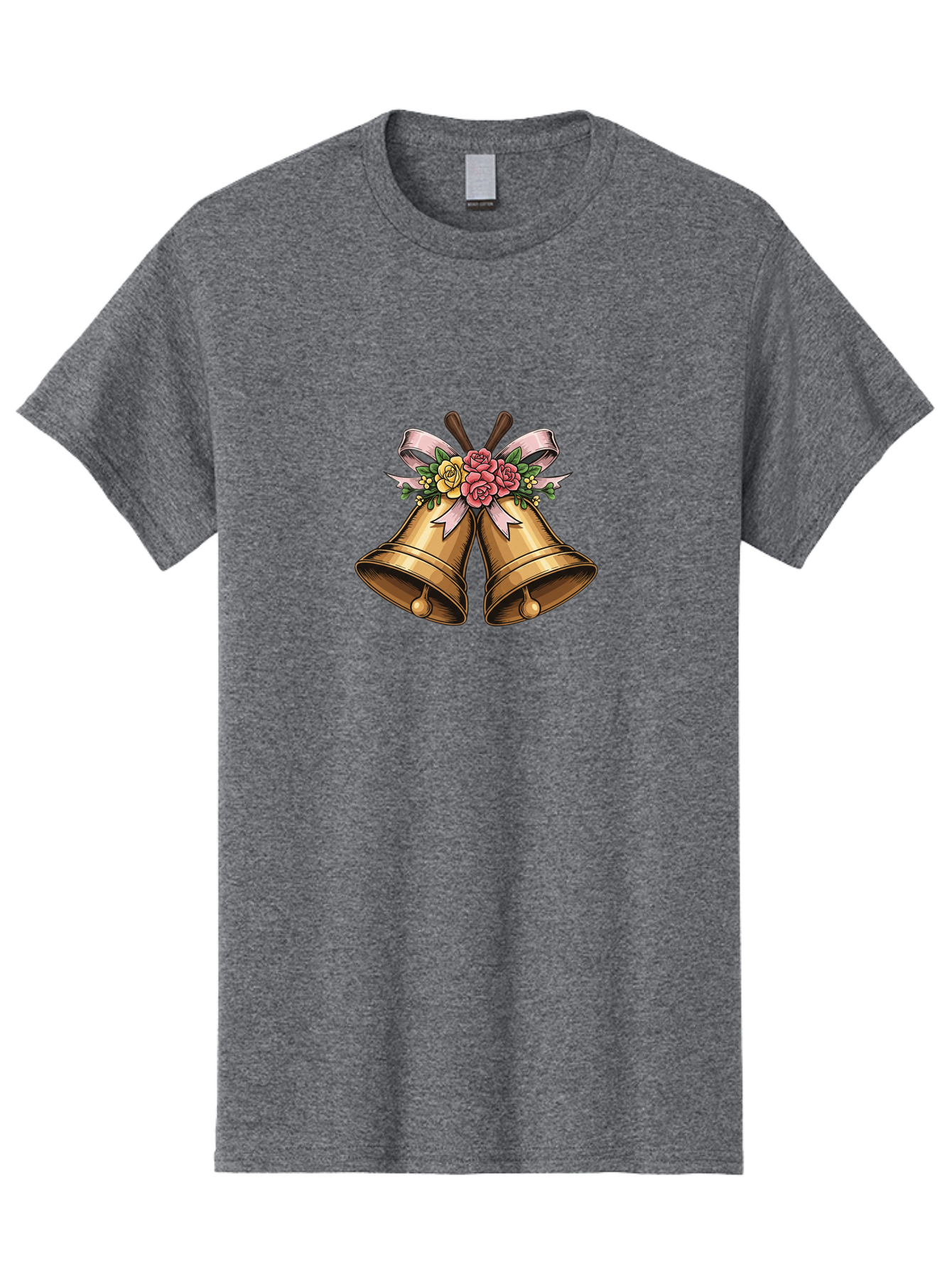 Wedding-Bells Men'S Graphic Tee, 100% Cotton, Comfortable Casual Summer Wear, Machine Washable, Wedding Bells, Golden Bells, Floral Arrangement, Roses, Pink Ribbon, Elegant Design, Wedding Decor, Celebratory Theme, Vintage Style Bab581