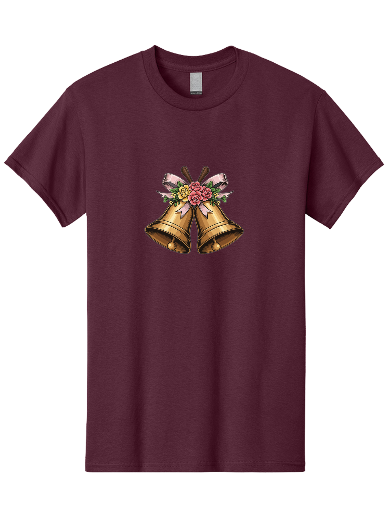 Wedding-Bells Men'S Graphic Tee, 100% Cotton, Comfortable Casual Summer Wear, Machine Washable, Wedding Bells, Golden Bells, Floral Arrangement, Roses, Pink Ribbon, Elegant Design, Wedding Decor, Celebratory Theme, Vintage Style Bab581