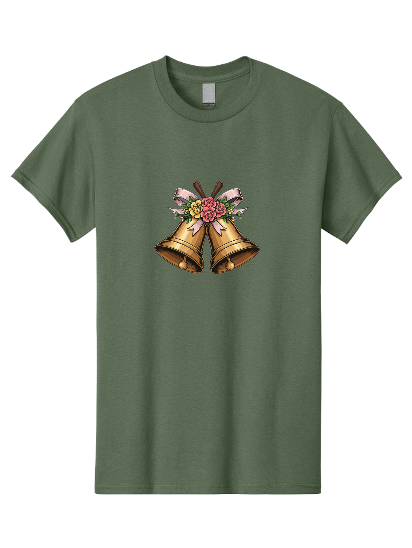 Wedding-Bells Men'S Graphic Tee, 100% Cotton, Comfortable Casual Summer Wear, Machine Washable, Wedding Bells, Golden Bells, Floral Arrangement, Roses, Pink Ribbon, Elegant Design, Wedding Decor, Celebratory Theme, Vintage Style Bab581
