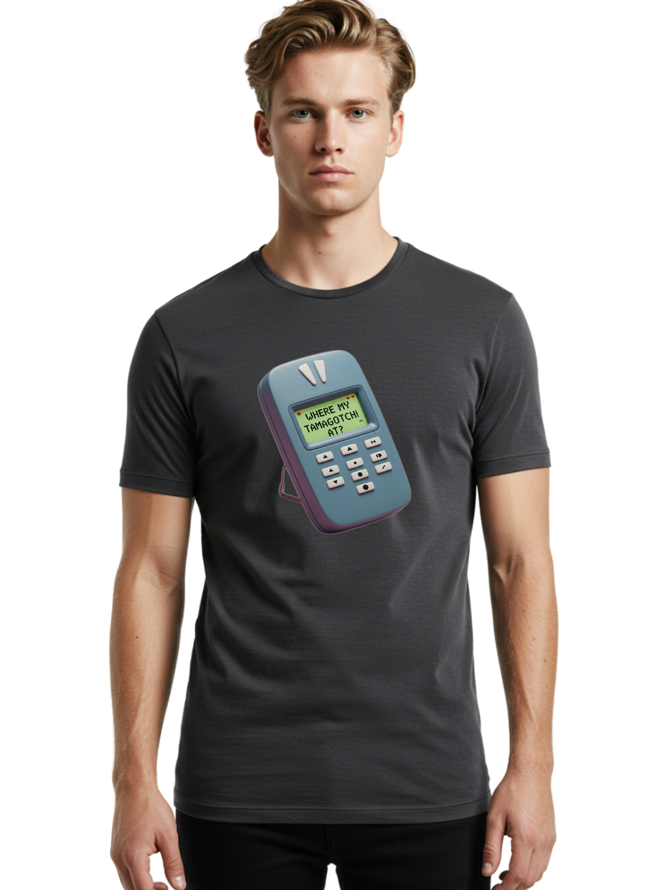 Where-My-Tamagotchi-At Men'S Graphic Tee, 100% Cotton, Comfortable Casual Summer Wear, Machine Washable, Retro Digital Pet, Nostalgic 90S Toy, Tamagotchi, Vintage Handheld Game, Classic Electronic Toy, Retro Gaming, Nostalgic Technology, Bab583