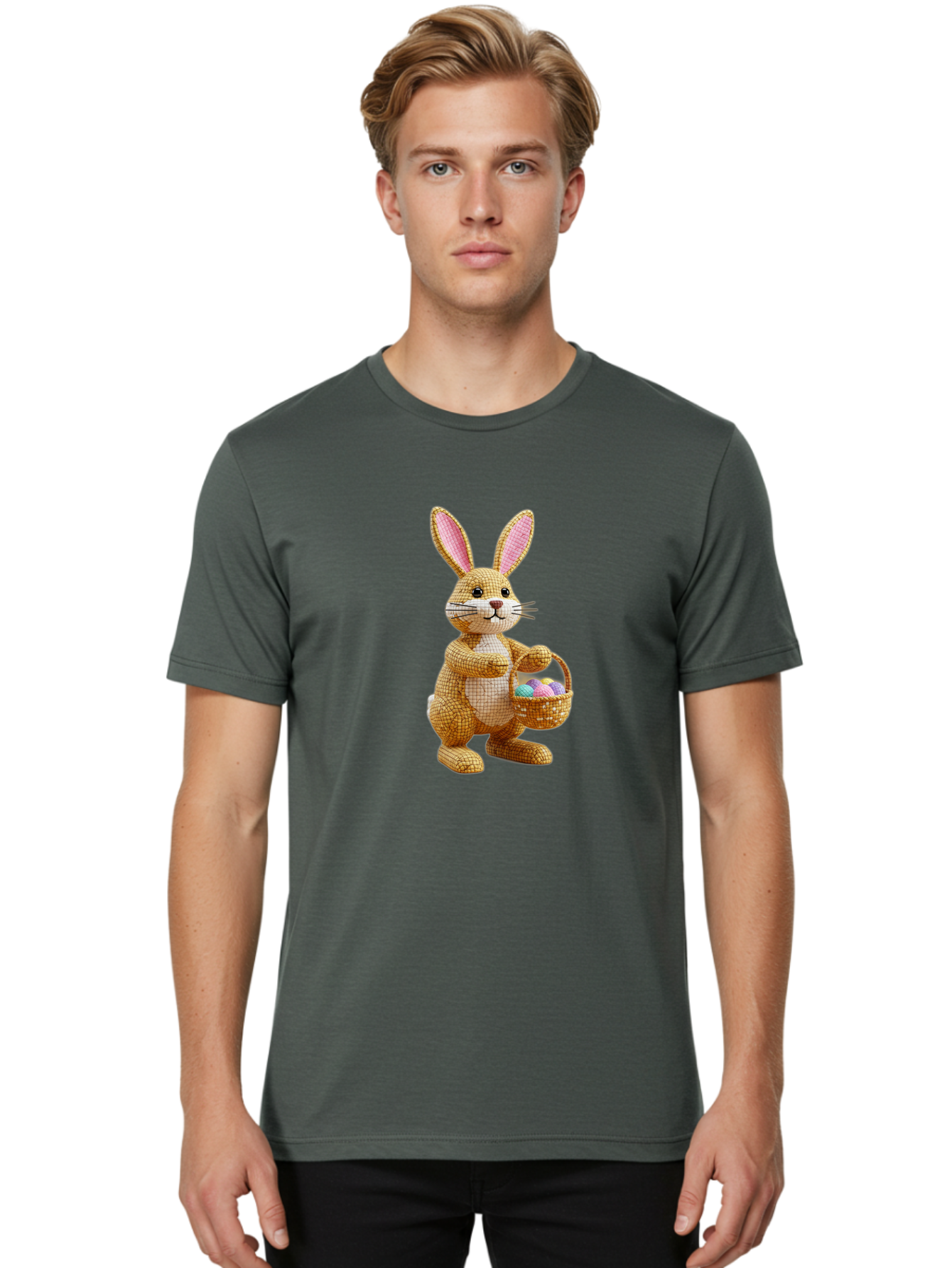 Wicker-Easter-Bunny Men'S Graphic Tee, 100% Cotton, Comfortable Casual Summer Wear, Machine Washable, Wicker Bunny, Holding Basket, Easter Eggs, Spring Holiday, Pastel Colors, Whimsical Design, Wicker Texture, Easter Basket, Cute Bunny, Bab586