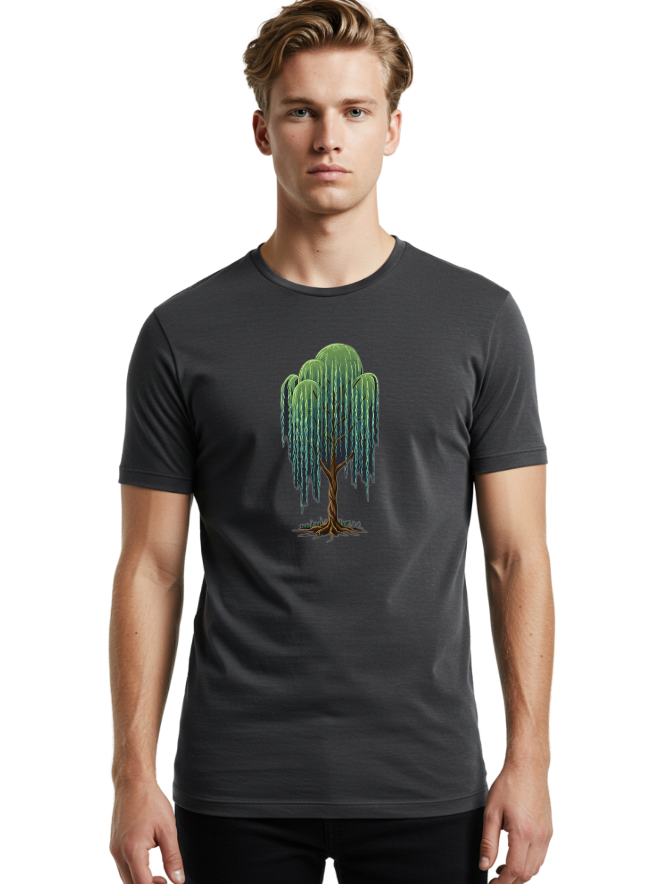 Willow-Tree Men'S Graphic Tee, 100% Cotton, Comfortable Casual Summer Wear, Machine Washable, Weeping Willow Tree, Twisted Trunk, Drooping Branches, Lush Foliage, Serene Landscape, Natural Scenery, Tree Roots Bab588