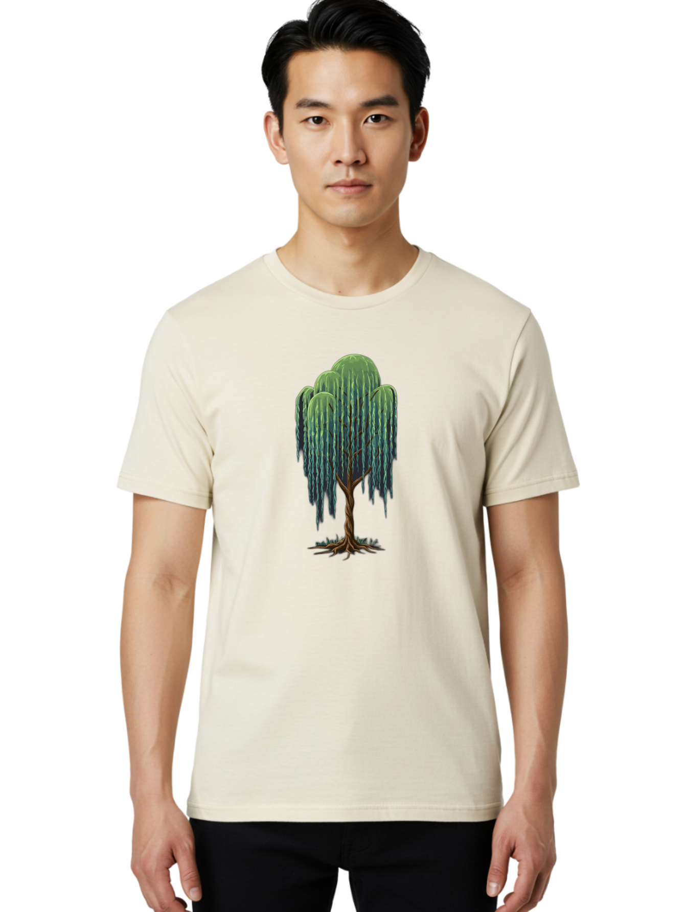 Willow-Tree Men'S Graphic Tee, 100% Cotton, Comfortable Casual Summer Wear, Machine Washable, Weeping Willow Tree, Twisted Trunk, Drooping Branches, Lush Foliage, Serene Landscape, Natural Scenery, Tree Roots Bab588