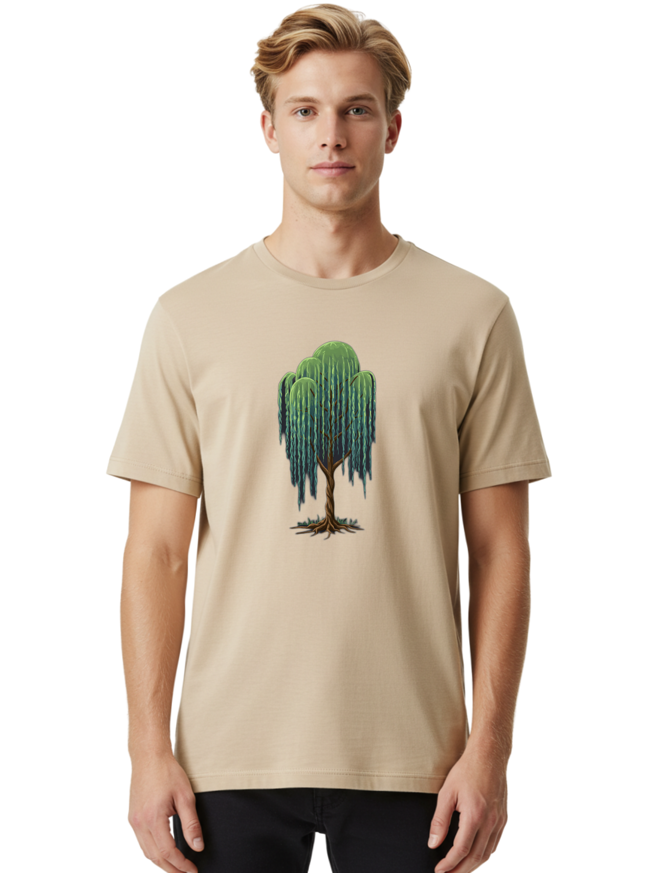 Willow-Tree Men'S Graphic Tee, 100% Cotton, Comfortable Casual Summer Wear, Machine Washable, Weeping Willow Tree, Twisted Trunk, Drooping Branches, Lush Foliage, Serene Landscape, Natural Scenery, Tree Roots Bab588