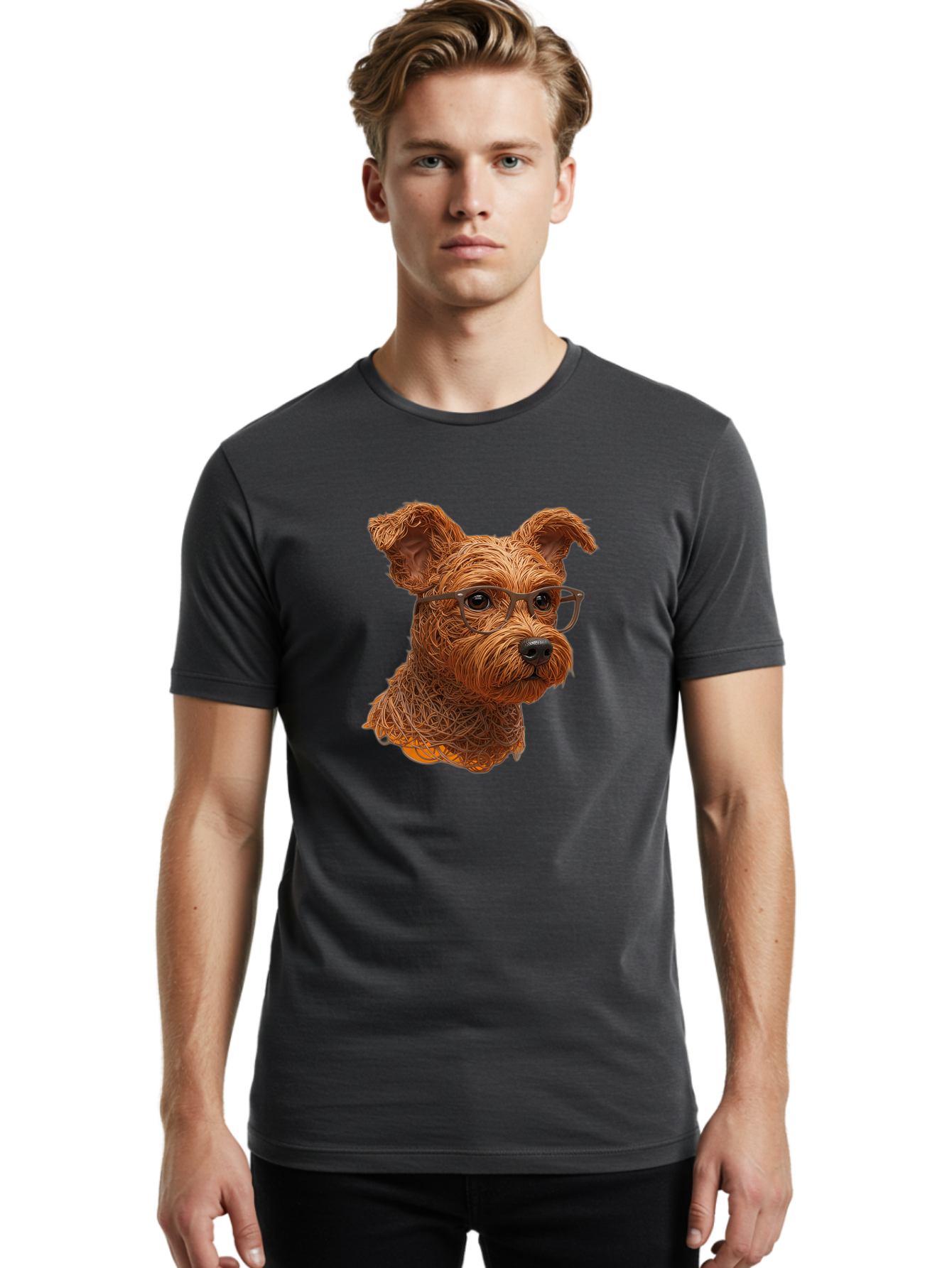 Wire-Dog-With-Glasses Men'S Graphic Tee, 100% Cotton, Comfortable Casual Summer Wear, Machine Washable, Dog Wearing Glasses, Wire Art Dog, Animal Portrait, Dog Portrait, Pet Illustration, Wire Sculpture, Creative Dog Art, Dog With Glasses, Bab589