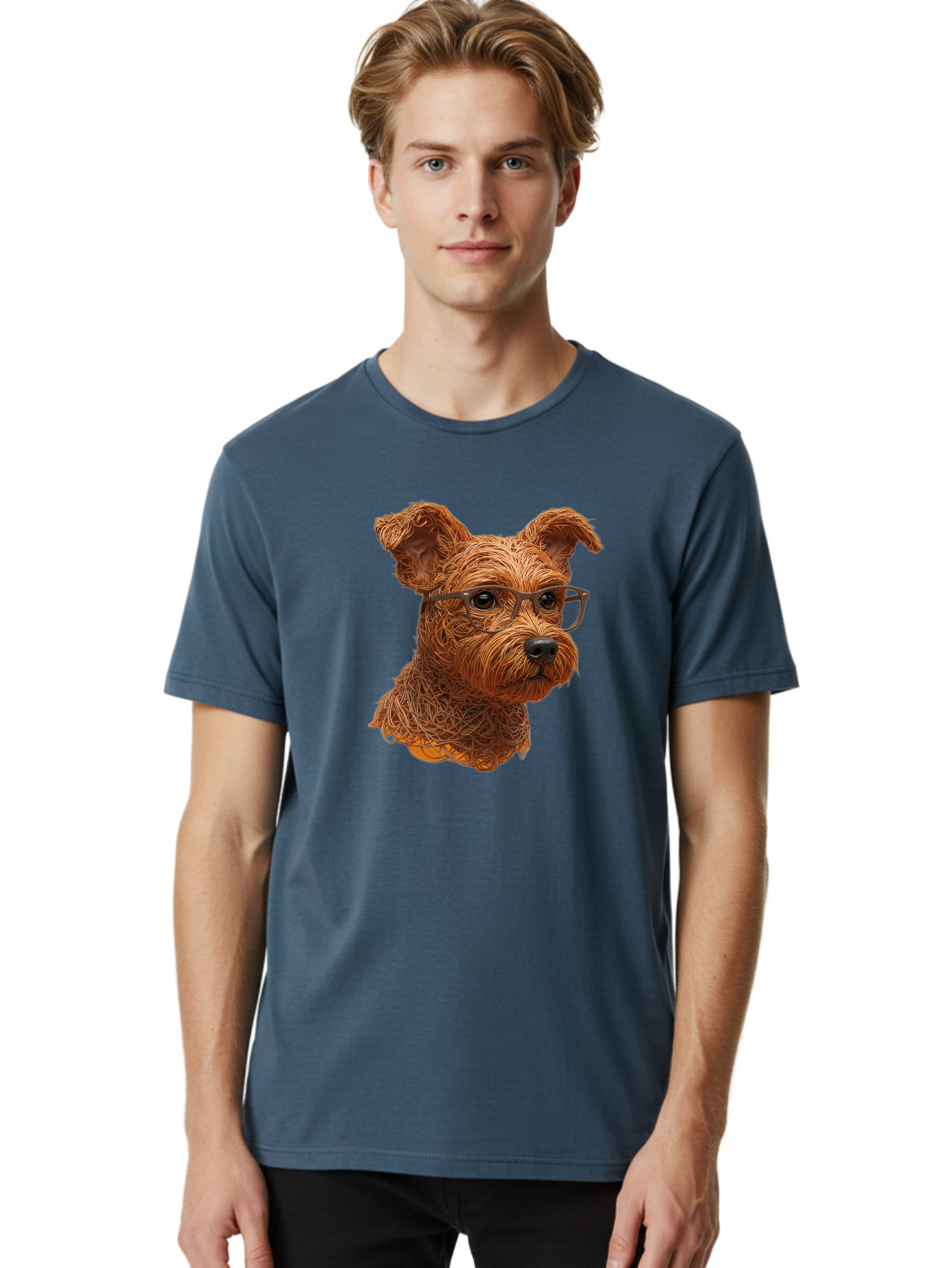 Wire-Dog-With-Glasses Men'S Graphic Tee, 100% Cotton, Comfortable Casual Summer Wear, Machine Washable, Dog Wearing Glasses, Wire Art Dog, Animal Portrait, Dog Portrait, Pet Illustration, Wire Sculpture, Creative Dog Art, Dog With Glasses, Bab589