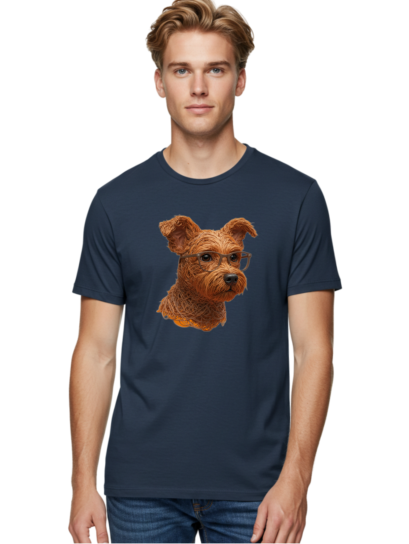Wire-Dog-With-Glasses Men'S Graphic Tee, 100% Cotton, Comfortable Casual Summer Wear, Machine Washable, Dog Wearing Glasses, Wire Art Dog, Animal Portrait, Dog Portrait, Pet Illustration, Wire Sculpture, Creative Dog Art, Dog With Glasses, Bab589