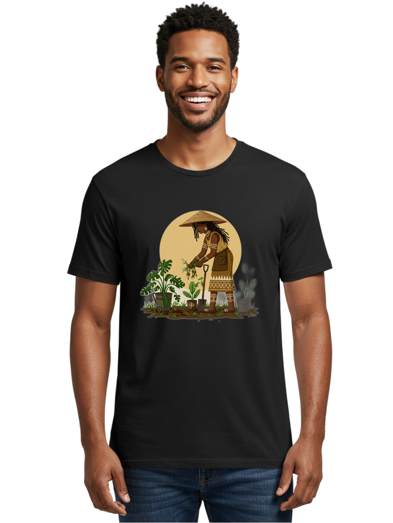 Woman-Gardening-1 Men'S Graphic Tee, 100% Cotton, Comfortable Casual Summer Wear, Machine Washable, Woman Gardening, Harvesting Plants, Traditional Clothing, Conical Hat, Farming Activities, Cultural Heritage, Rural Lifestyle, Green Plants, Bab590