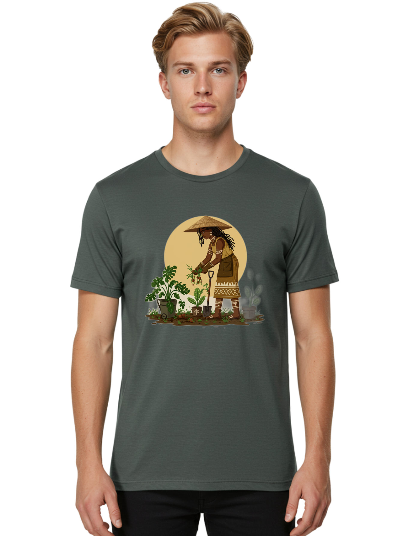 Woman-Gardening-1 Men'S Graphic Tee, 100% Cotton, Comfortable Casual Summer Wear, Machine Washable, Woman Gardening, Harvesting Plants, Traditional Clothing, Conical Hat, Farming Activities, Cultural Heritage, Rural Lifestyle, Green Plants, Bab590