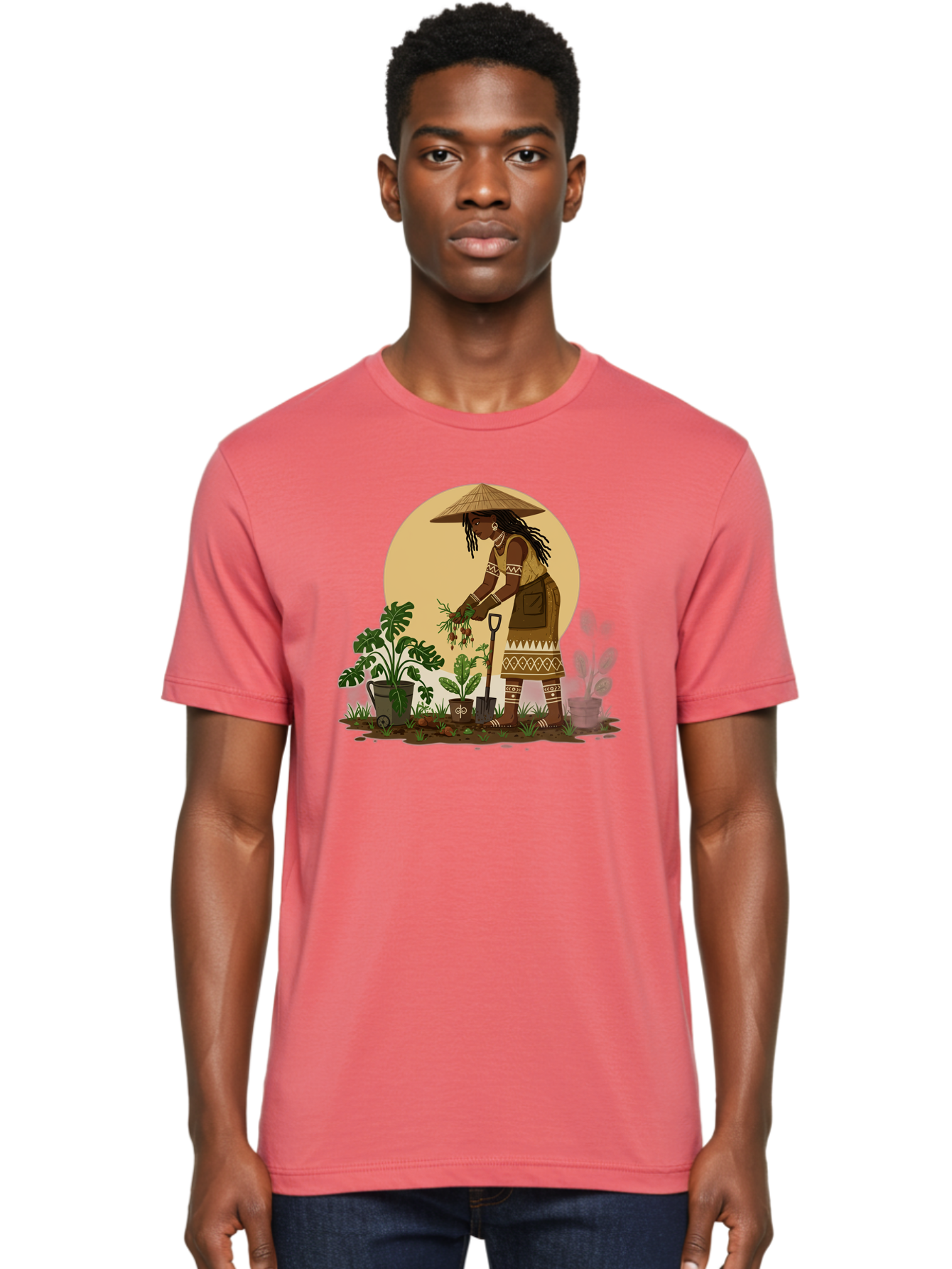 Woman-Gardening-1 Men'S Graphic Tee, 100% Cotton, Comfortable Casual Summer Wear, Machine Washable, Woman Gardening, Harvesting Plants, Traditional Clothing, Conical Hat, Farming Activities, Cultural Heritage, Rural Lifestyle, Green Plants, Bab590