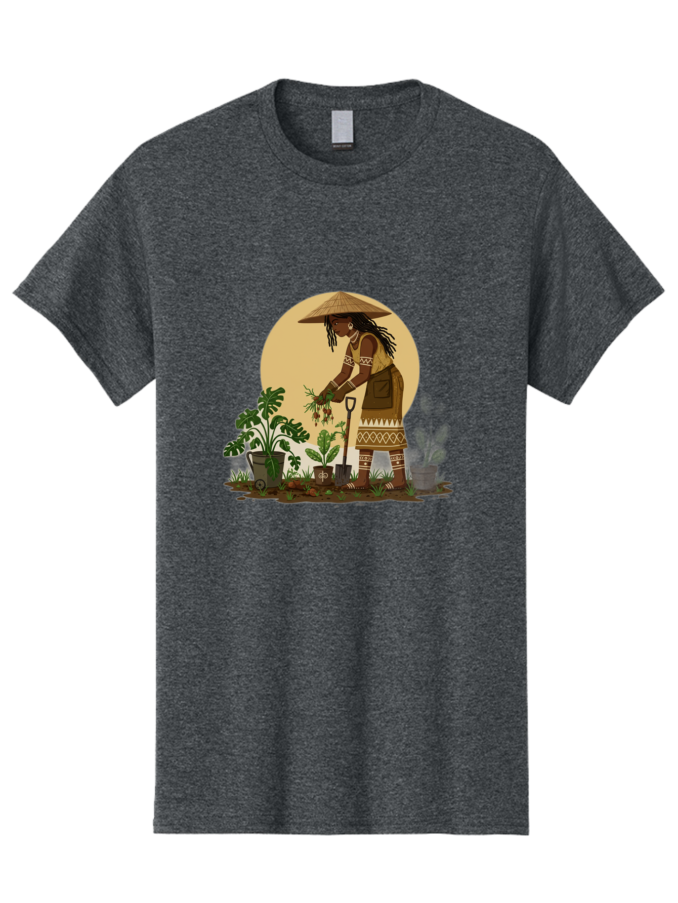 Woman-Gardening-1 Men'S Graphic Tee, 100% Cotton, Comfortable Casual Summer Wear, Machine Washable, Woman Gardening, Harvesting Plants, Traditional Clothing, Conical Hat, Farming Activities, Cultural Heritage, Rural Lifestyle, Green Plants, Bab590