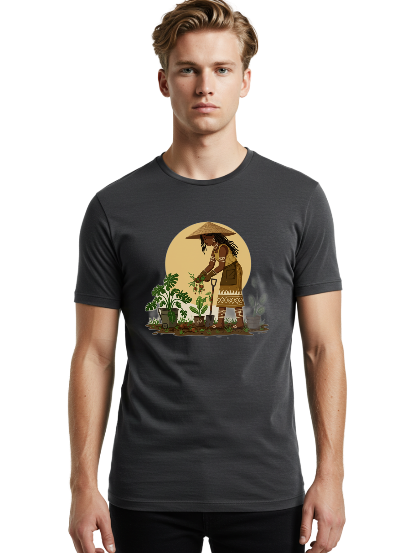 Woman-Gardening-1 Men'S Graphic Tee, 100% Cotton, Comfortable Casual Summer Wear, Machine Washable, Woman Gardening, Harvesting Plants, Traditional Clothing, Conical Hat, Farming Activities, Cultural Heritage, Rural Lifestyle, Green Plants, Bab590