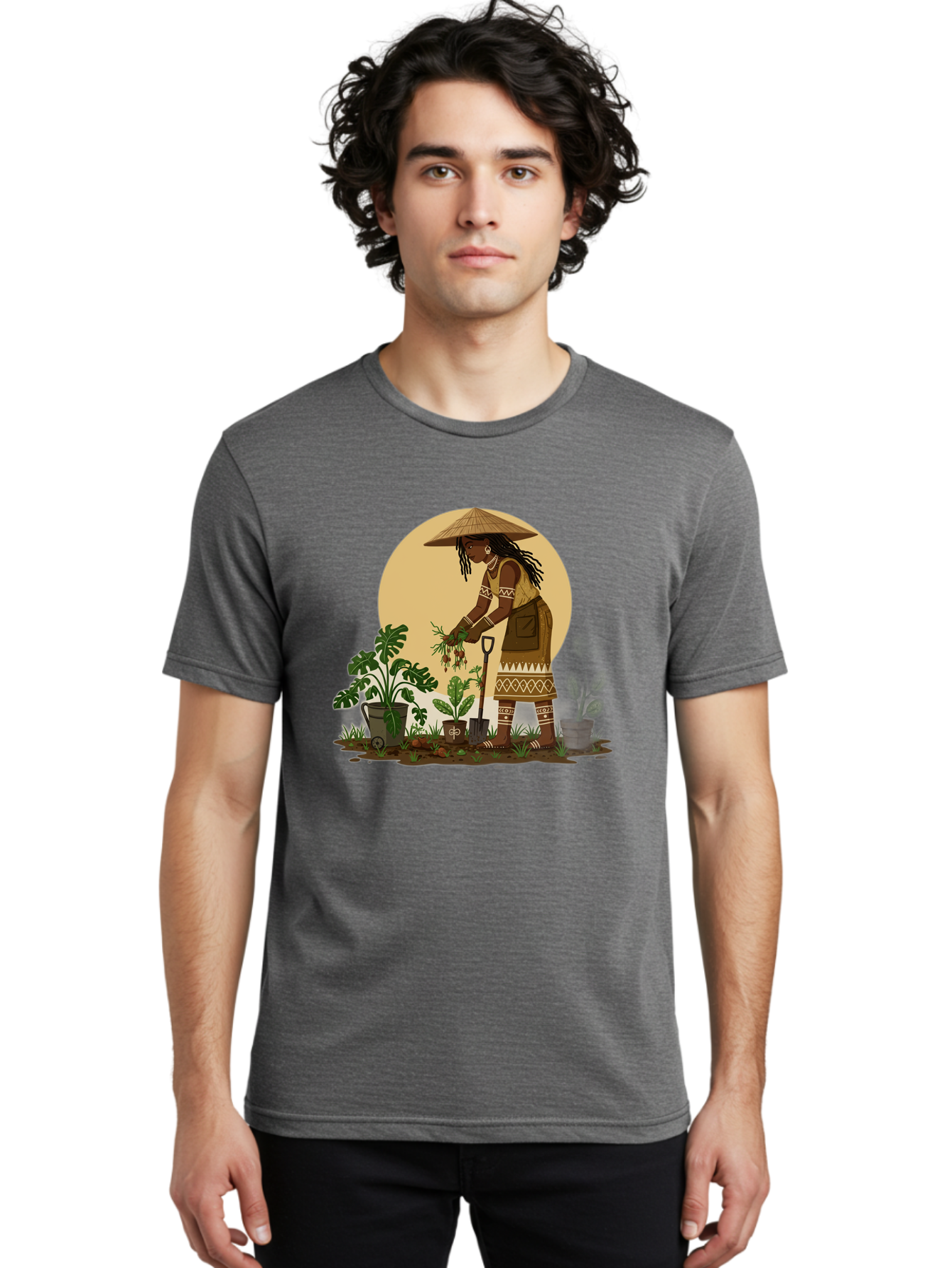 Woman-Gardening-1 Men'S Graphic Tee, 100% Cotton, Comfortable Casual Summer Wear, Machine Washable, Woman Gardening, Harvesting Plants, Traditional Clothing, Conical Hat, Farming Activities, Cultural Heritage, Rural Lifestyle, Green Plants, Bab590
