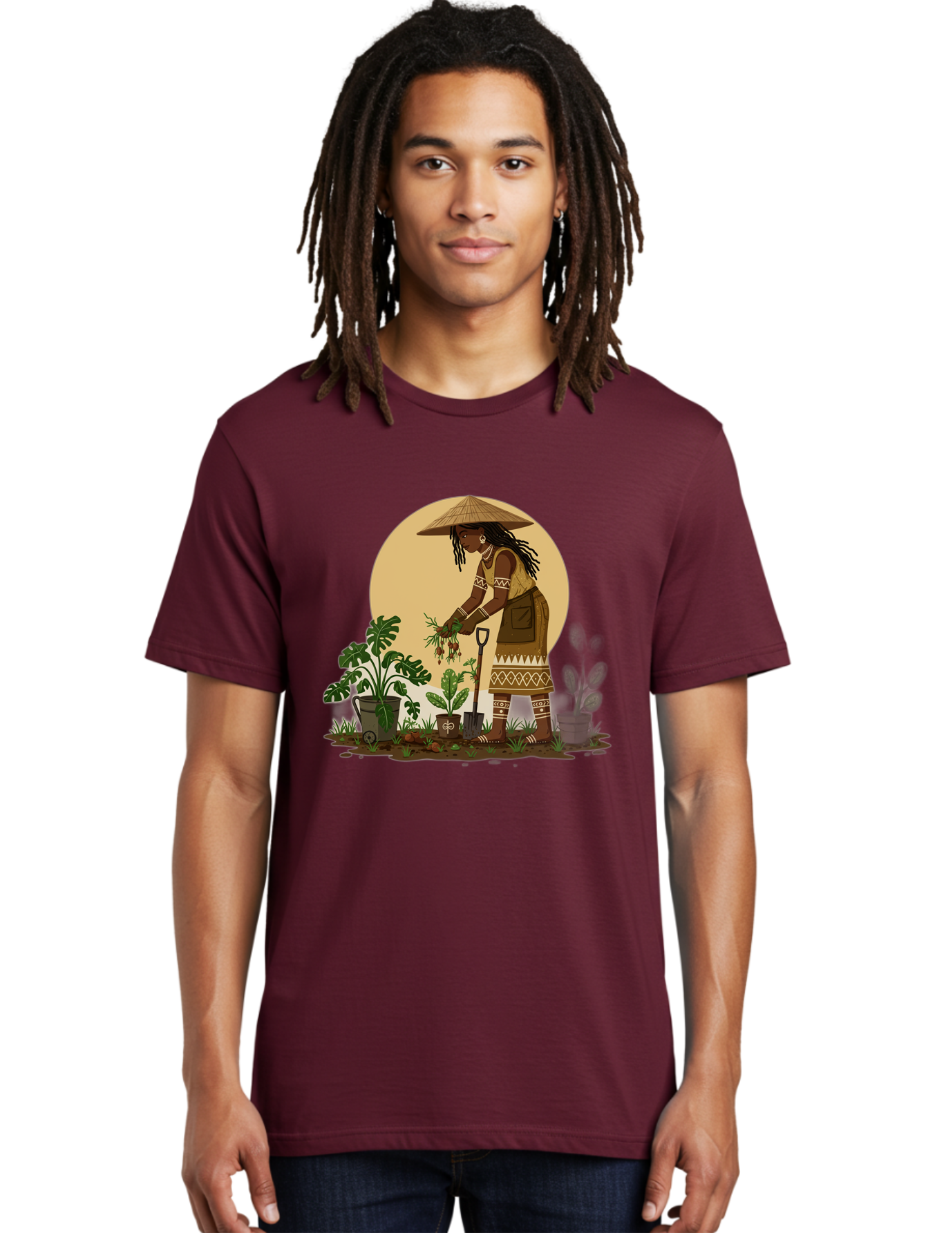 Woman-Gardening-1 Men'S Graphic Tee, 100% Cotton, Comfortable Casual Summer Wear, Machine Washable, Woman Gardening, Harvesting Plants, Traditional Clothing, Conical Hat, Farming Activities, Cultural Heritage, Rural Lifestyle, Green Plants, Bab590