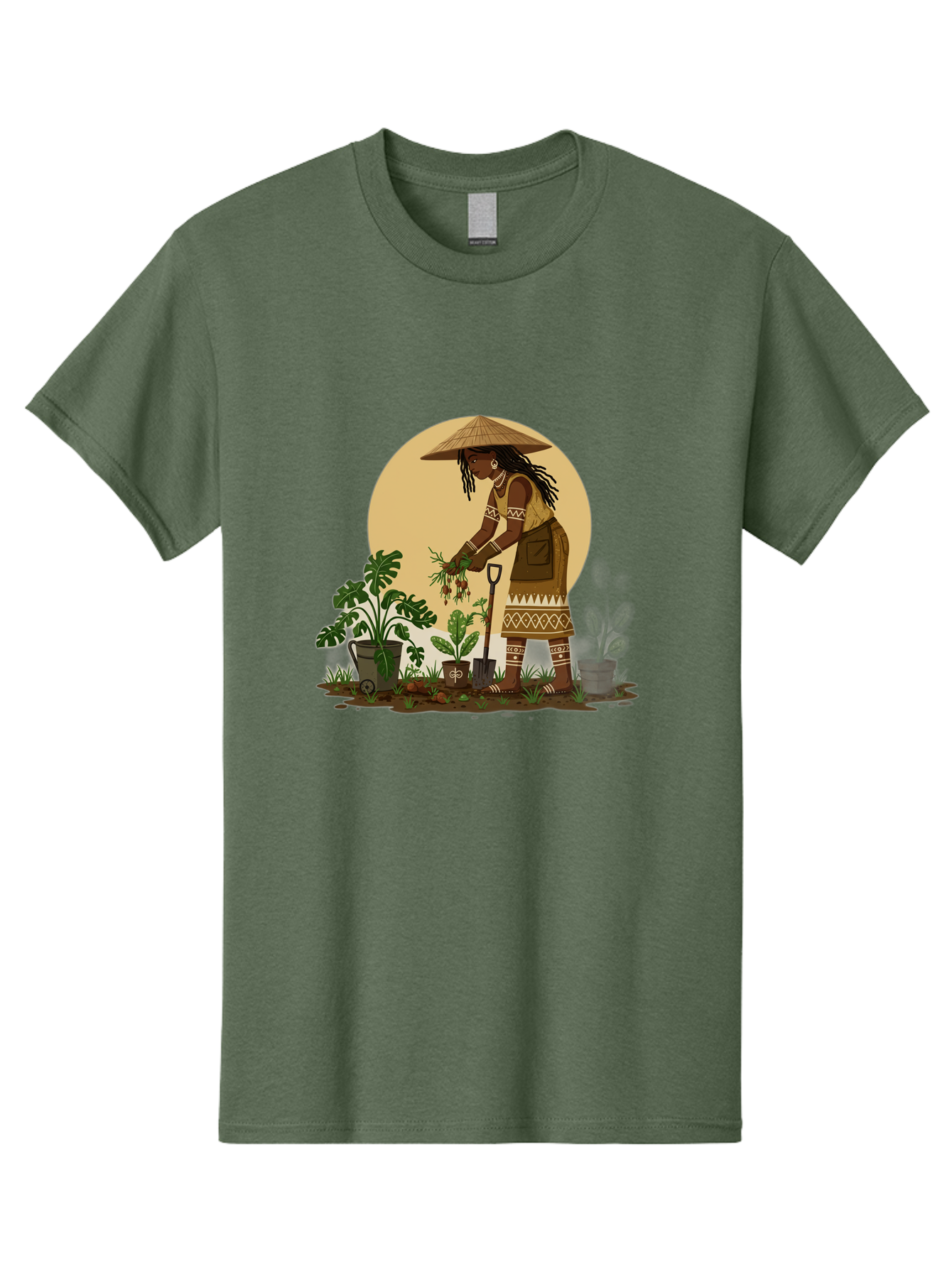 Woman-Gardening-1 Men'S Graphic Tee, 100% Cotton, Comfortable Casual Summer Wear, Machine Washable, Woman Gardening, Harvesting Plants, Traditional Clothing, Conical Hat, Farming Activities, Cultural Heritage, Rural Lifestyle, Green Plants, Bab590