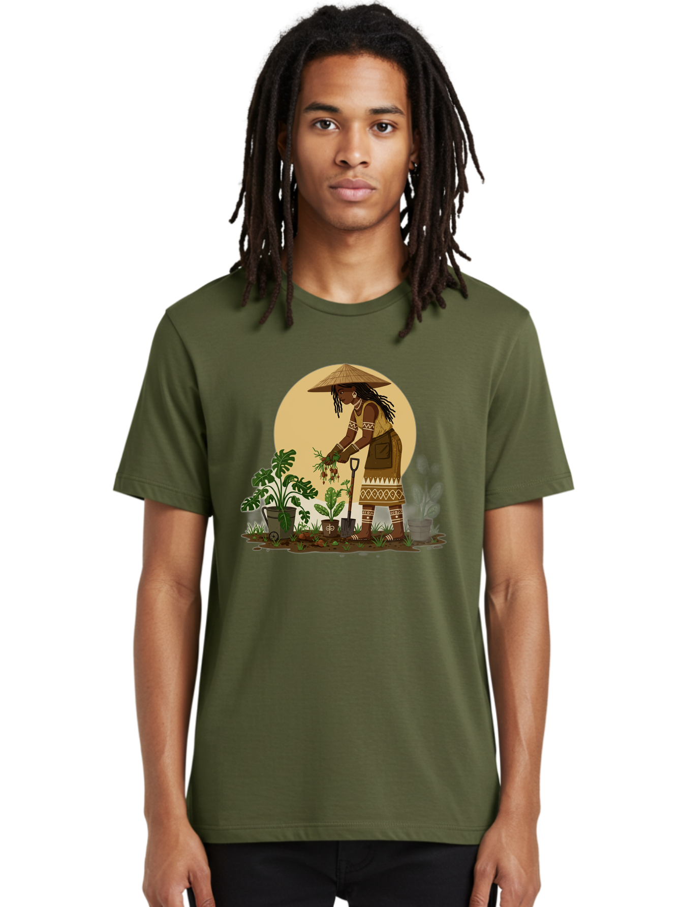 Woman-Gardening-1 Men'S Graphic Tee, 100% Cotton, Comfortable Casual Summer Wear, Machine Washable, Woman Gardening, Harvesting Plants, Traditional Clothing, Conical Hat, Farming Activities, Cultural Heritage, Rural Lifestyle, Green Plants, Bab590