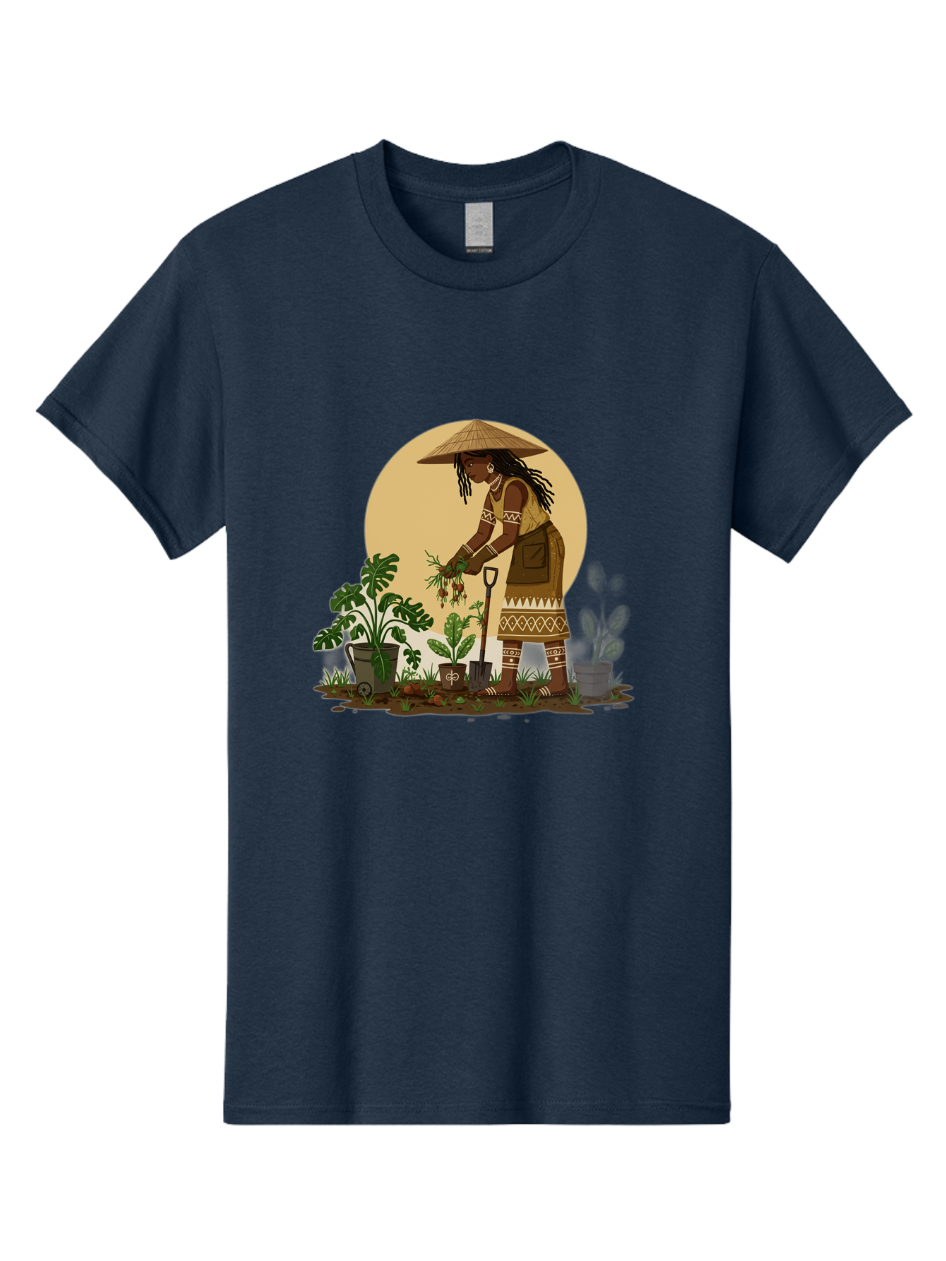 Woman-Gardening-1 Men'S Graphic Tee, 100% Cotton, Comfortable Casual Summer Wear, Machine Washable, Woman Gardening, Harvesting Plants, Traditional Clothing, Conical Hat, Farming Activities, Cultural Heritage, Rural Lifestyle, Green Plants, Bab590