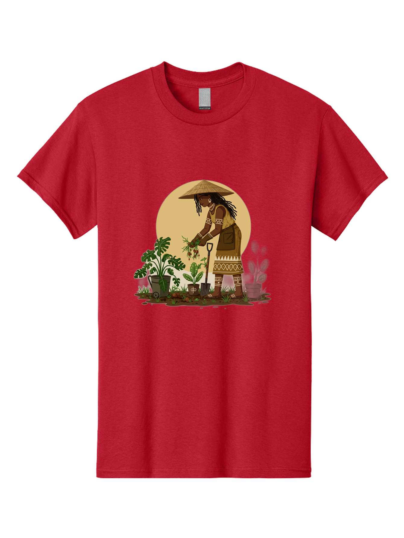 Woman-Gardening-1 Men'S Graphic Tee, 100% Cotton, Comfortable Casual Summer Wear, Machine Washable, Woman Gardening, Harvesting Plants, Traditional Clothing, Conical Hat, Farming Activities, Cultural Heritage, Rural Lifestyle, Green Plants, Bab590