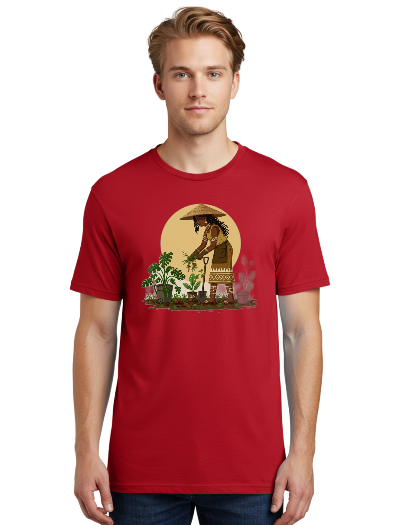 Woman-Gardening-1 Men'S Graphic Tee, 100% Cotton, Comfortable Casual Summer Wear, Machine Washable, Woman Gardening, Harvesting Plants, Traditional Clothing, Conical Hat, Farming Activities, Cultural Heritage, Rural Lifestyle, Green Plants, Bab590