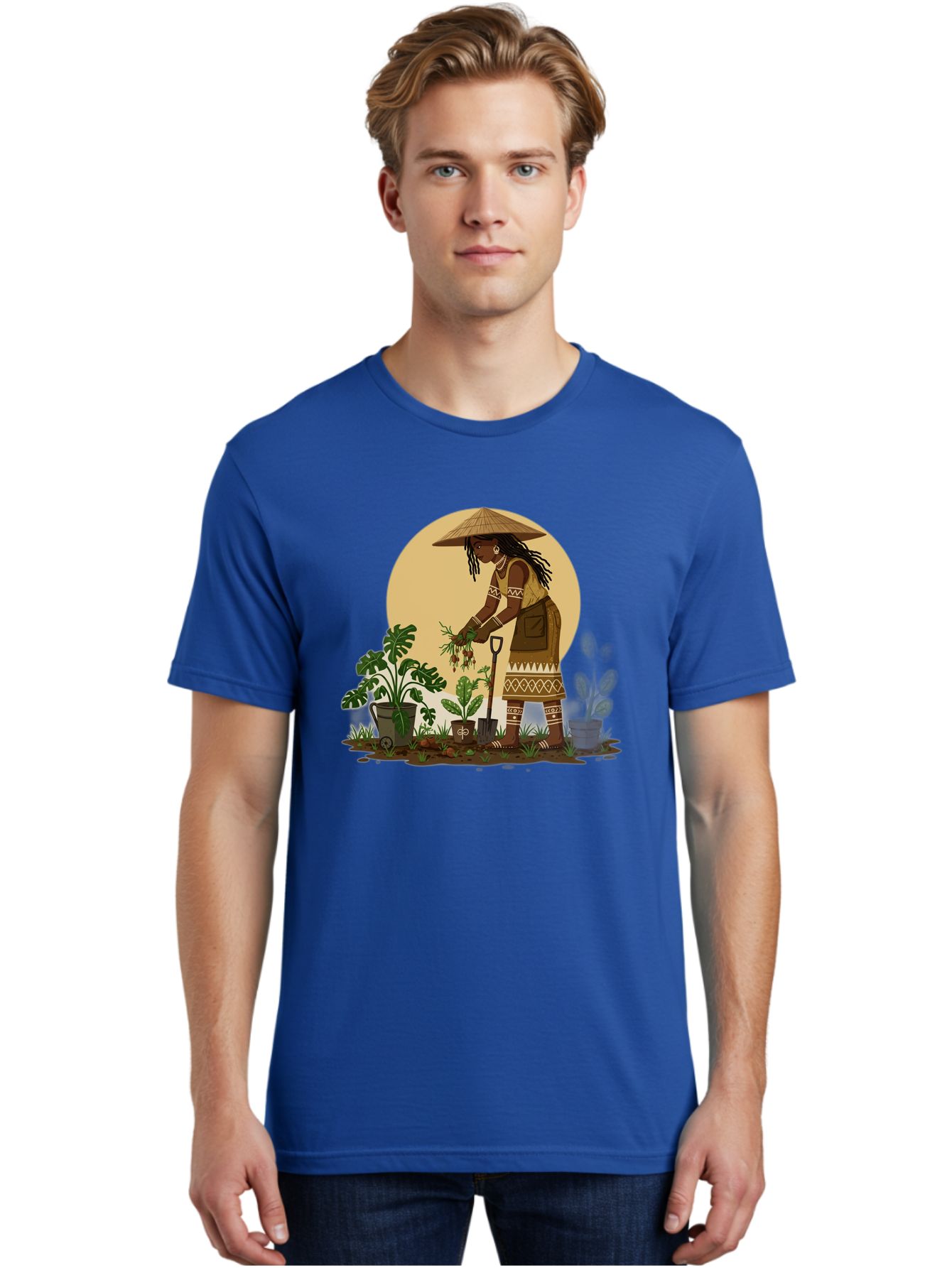 Woman-Gardening-1 Men'S Graphic Tee, 100% Cotton, Comfortable Casual Summer Wear, Machine Washable, Woman Gardening, Harvesting Plants, Traditional Clothing, Conical Hat, Farming Activities, Cultural Heritage, Rural Lifestyle, Green Plants, Bab590
