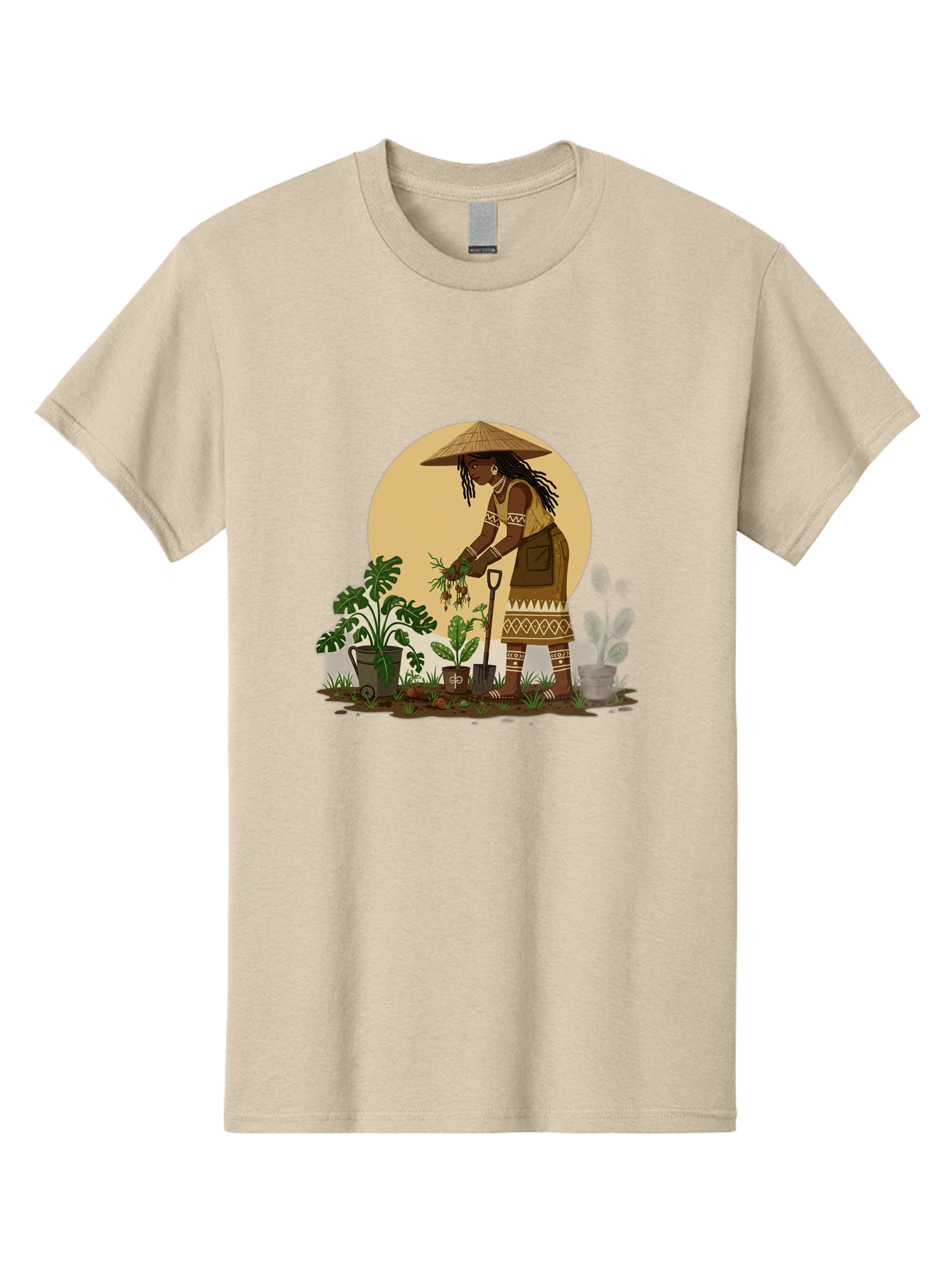 Woman-Gardening-1 Men'S Graphic Tee, 100% Cotton, Comfortable Casual Summer Wear, Machine Washable, Woman Gardening, Harvesting Plants, Traditional Clothing, Conical Hat, Farming Activities, Cultural Heritage, Rural Lifestyle, Green Plants, Bab590
