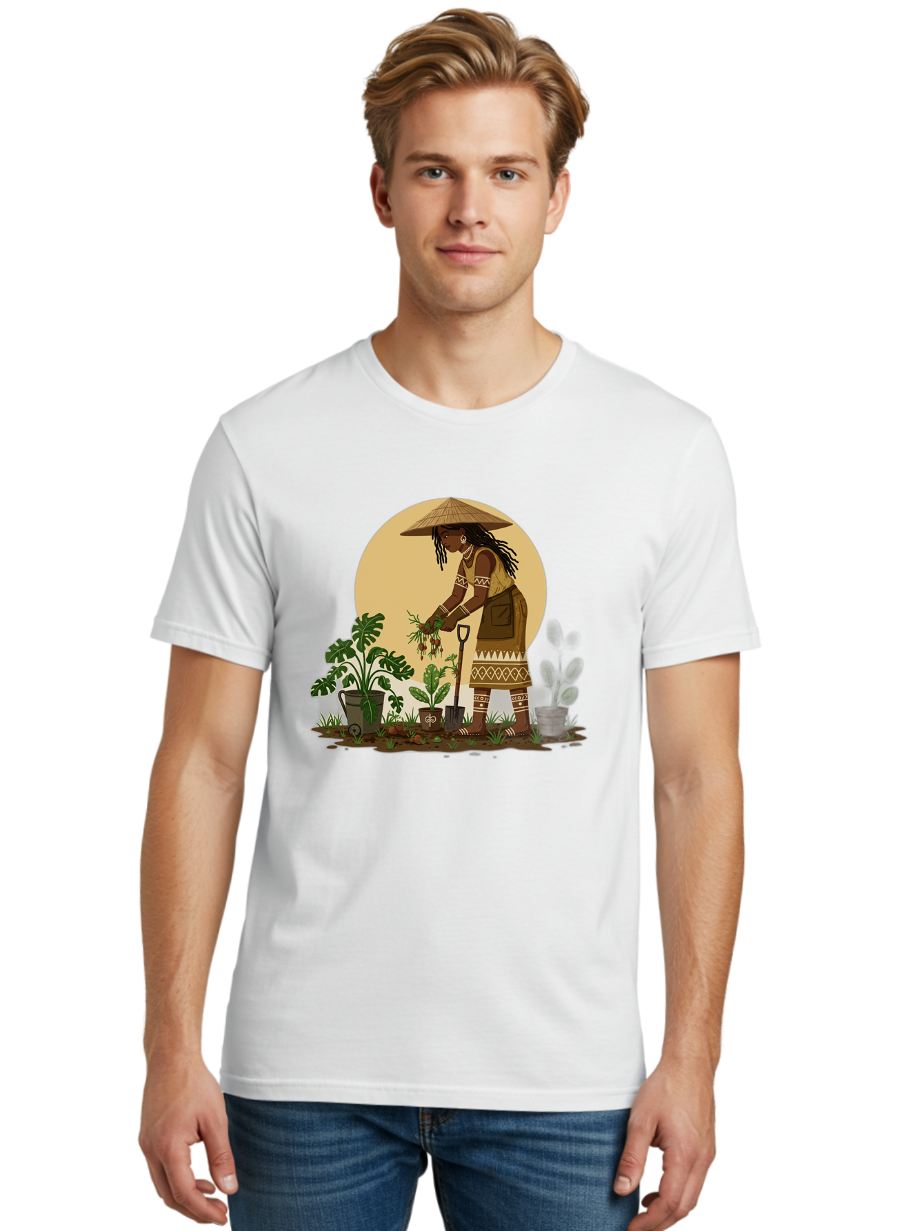 Woman-Gardening-1 Men'S Graphic Tee, 100% Cotton, Comfortable Casual Summer Wear, Machine Washable, Woman Gardening, Harvesting Plants, Traditional Clothing, Conical Hat, Farming Activities, Cultural Heritage, Rural Lifestyle, Green Plants, Bab590