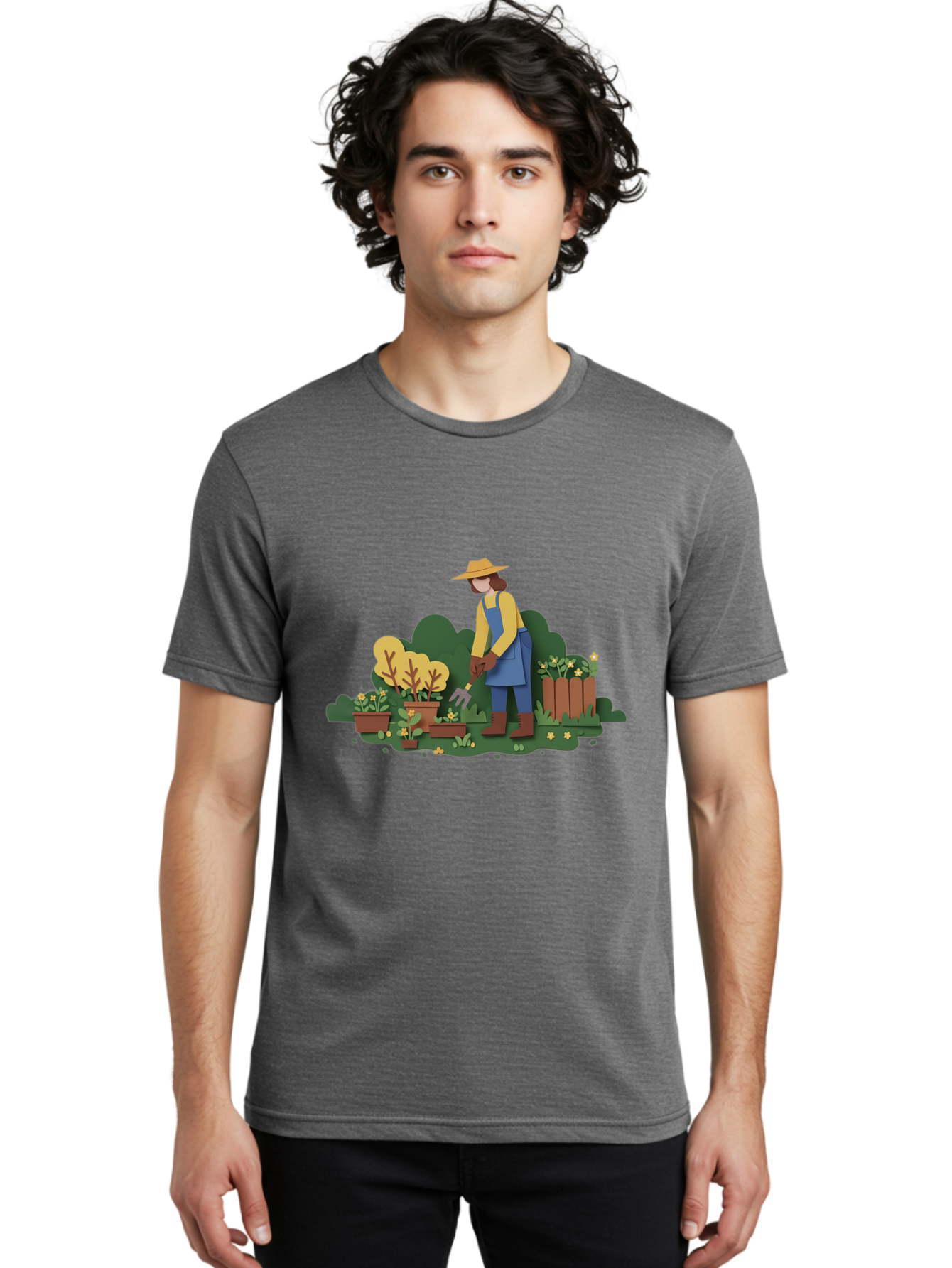 Woman-Gardening Men'S Graphic Tee, 100% Cotton, Comfortable Casual Summer Wear, Machine Washable, Gardener Tending Plants, Gardening Tools, Potted Plants, Gardening Activities, Yellow Flowers, Garden Scenery, Outdoor Work, Gardening Gloves Bab591
