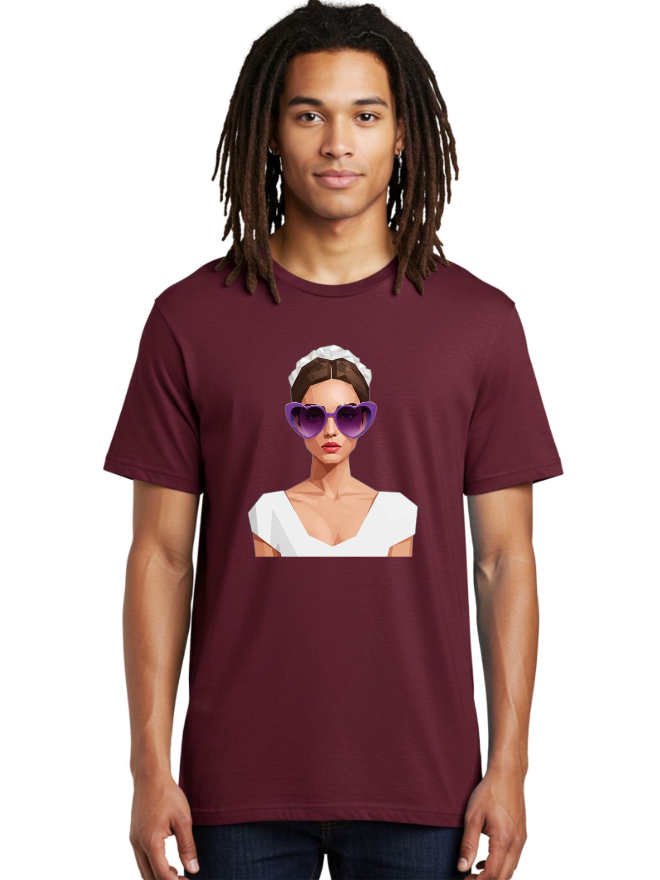 Woman-In-Sunglasses Men'S Graphic Tee, 100% Cotton, Comfortable Casual Summer Wear, Machine Washable, Fashionable Woman, Stylish Sunglasses, Elegant White Dress, Sophisticated Look, Trendy Accessories, Modern Fashion, Purple Shades, Bab592