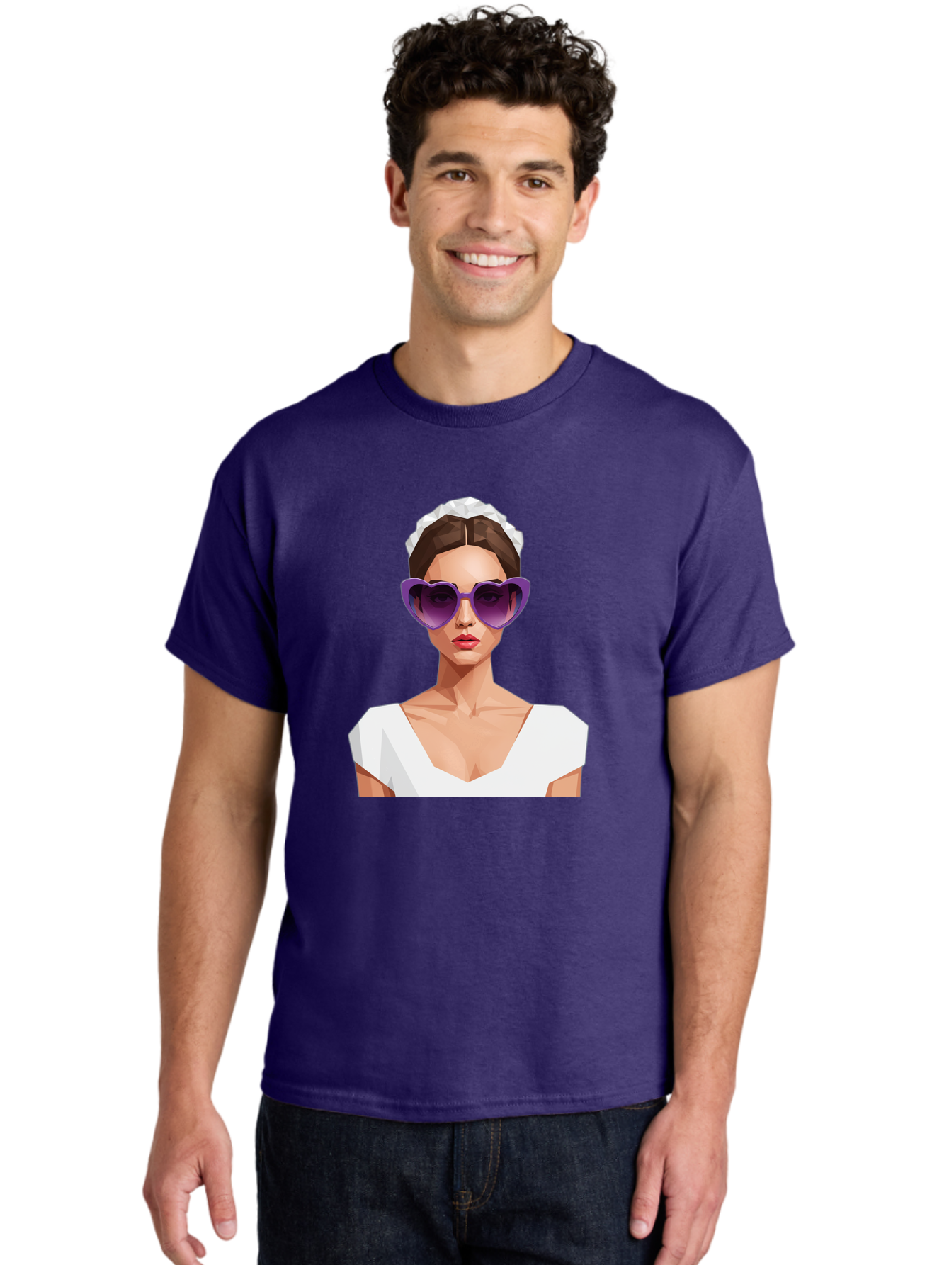 Woman-In-Sunglasses Men'S Graphic Tee, 100% Cotton, Comfortable Casual Summer Wear, Machine Washable, Fashionable Woman, Stylish Sunglasses, Elegant White Dress, Sophisticated Look, Trendy Accessories, Modern Fashion, Purple Shades, Bab592
