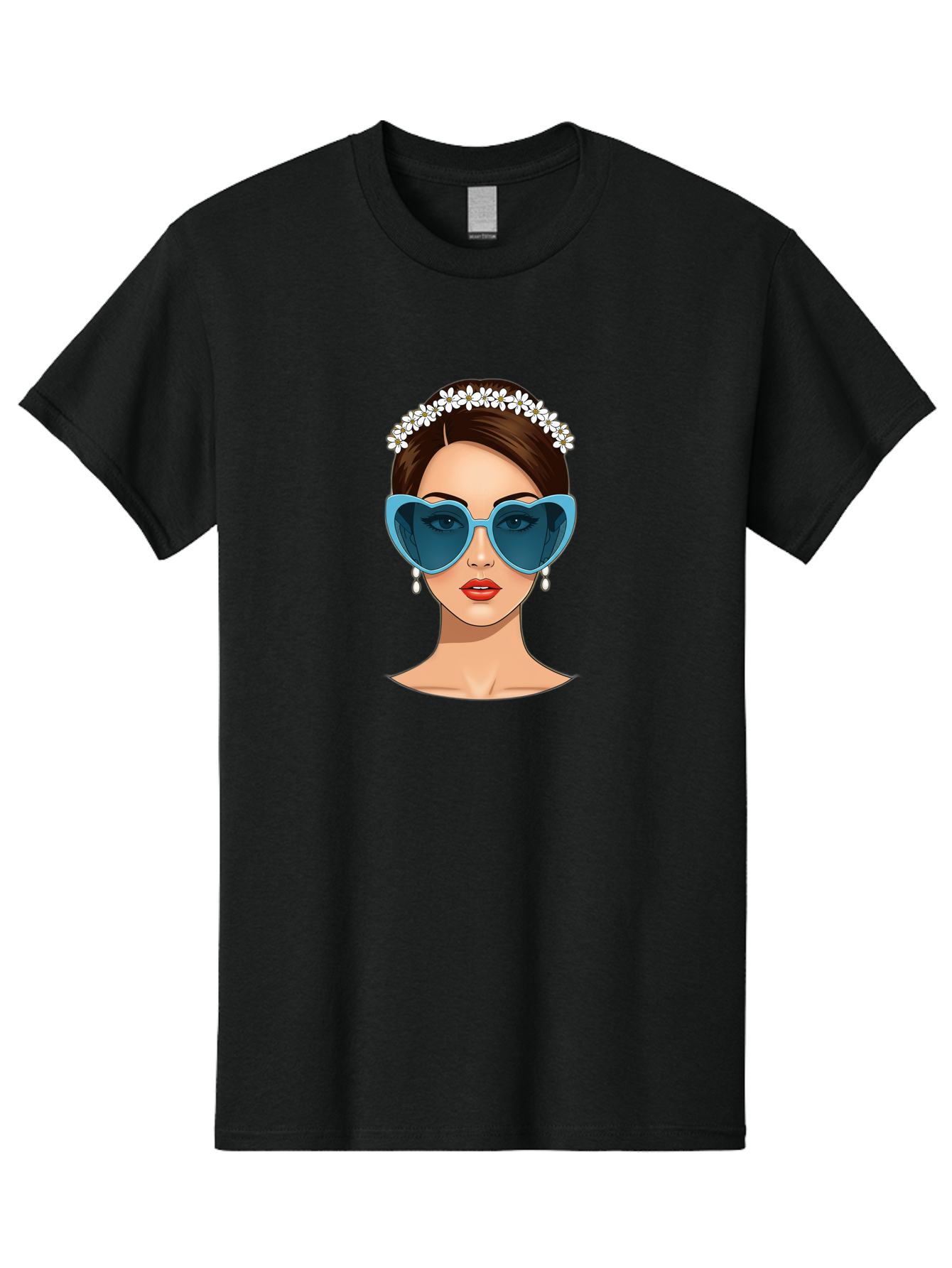 Woman-With-Heart-Shaped-Sunglasses Men'S Graphic Tee, 100% Cotton, Comfortable Casual Summer Wear, Machine Washable, Cartoon Woman, Heart-Shaped Sunglasses, Red Lips, White Floral Headband, Dangling Earrings, Pop Art Style, Bab594