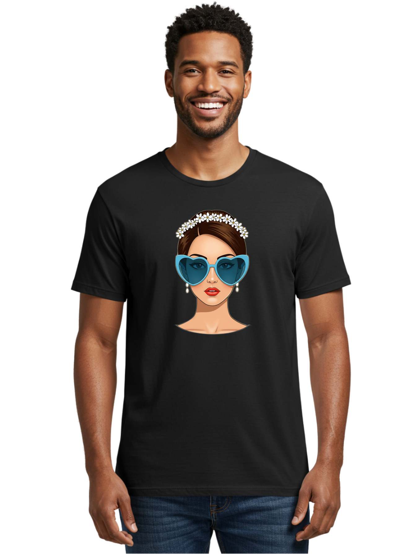 Woman-With-Heart-Shaped-Sunglasses Men'S Graphic Tee, 100% Cotton, Comfortable Casual Summer Wear, Machine Washable, Cartoon Woman, Heart-Shaped Sunglasses, Red Lips, White Floral Headband, Dangling Earrings, Pop Art Style, Bab594