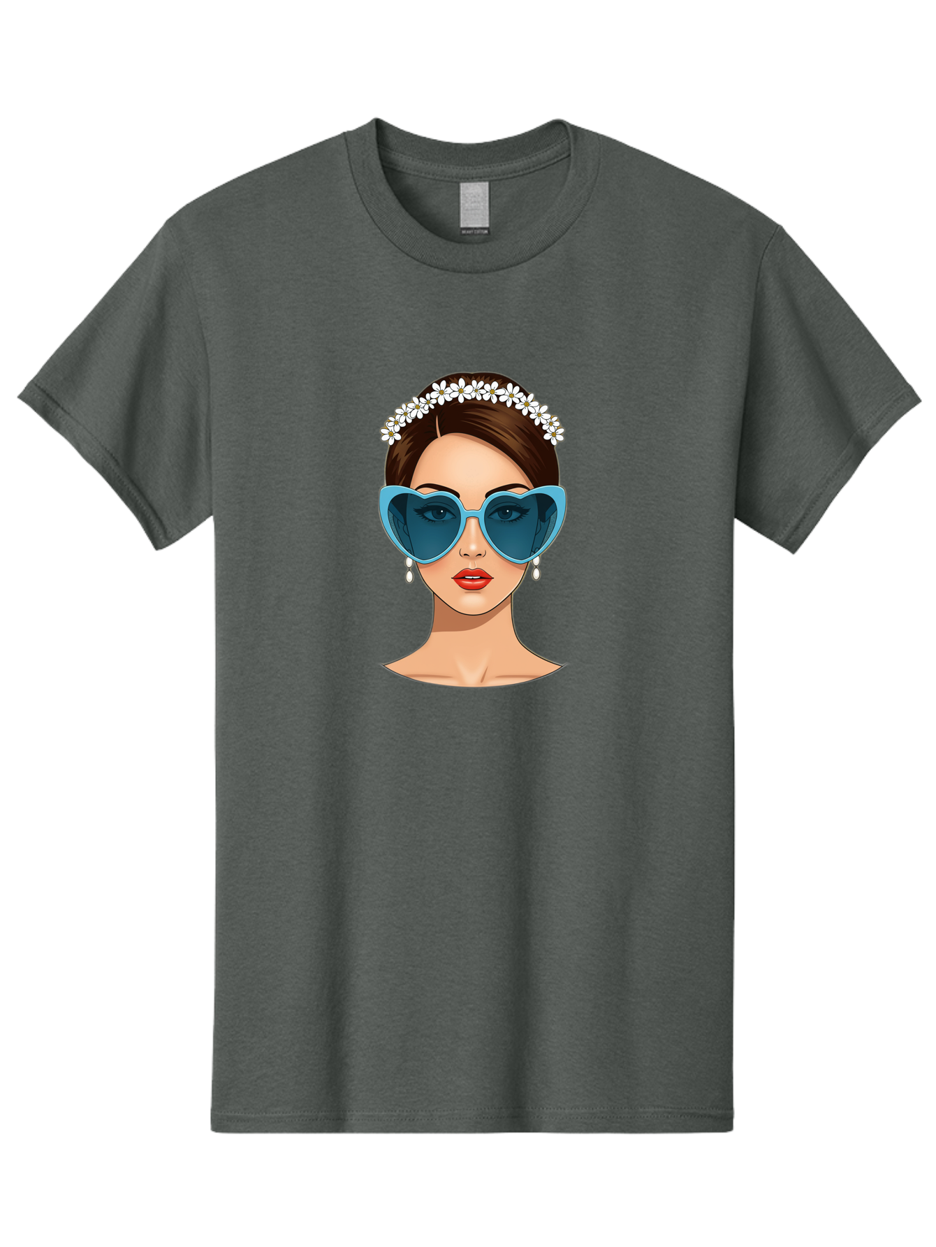 Woman-With-Heart-Shaped-Sunglasses Men'S Graphic Tee, 100% Cotton, Comfortable Casual Summer Wear, Machine Washable, Cartoon Woman, Heart-Shaped Sunglasses, Red Lips, White Floral Headband, Dangling Earrings, Pop Art Style, Bab594