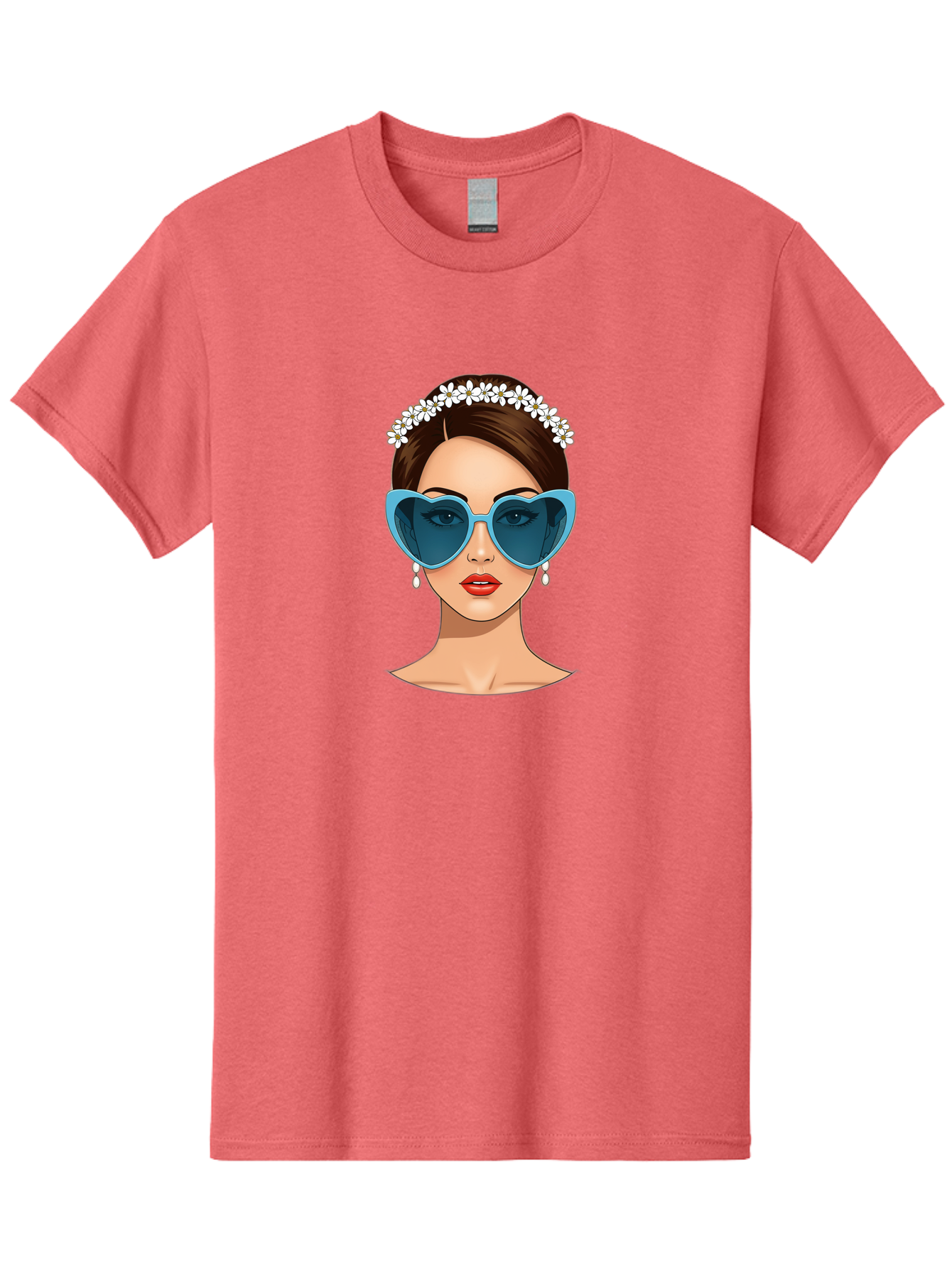 Woman-With-Heart-Shaped-Sunglasses Men'S Graphic Tee, 100% Cotton, Comfortable Casual Summer Wear, Machine Washable, Cartoon Woman, Heart-Shaped Sunglasses, Red Lips, White Floral Headband, Dangling Earrings, Pop Art Style, Bab594
