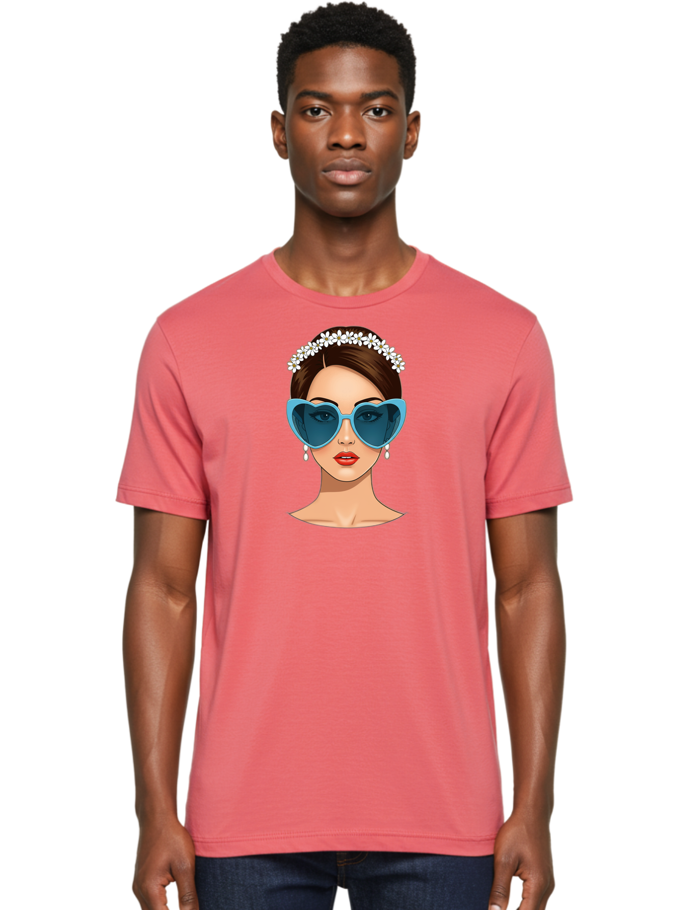 Woman-With-Heart-Shaped-Sunglasses Men'S Graphic Tee, 100% Cotton, Comfortable Casual Summer Wear, Machine Washable, Cartoon Woman, Heart-Shaped Sunglasses, Red Lips, White Floral Headband, Dangling Earrings, Pop Art Style, Bab594