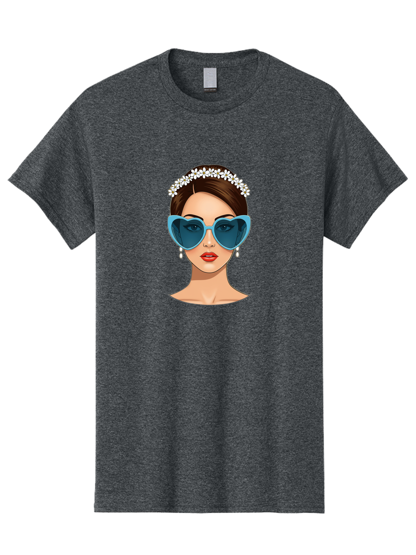 Woman-With-Heart-Shaped-Sunglasses Men'S Graphic Tee, 100% Cotton, Comfortable Casual Summer Wear, Machine Washable, Cartoon Woman, Heart-Shaped Sunglasses, Red Lips, White Floral Headband, Dangling Earrings, Pop Art Style, Bab594