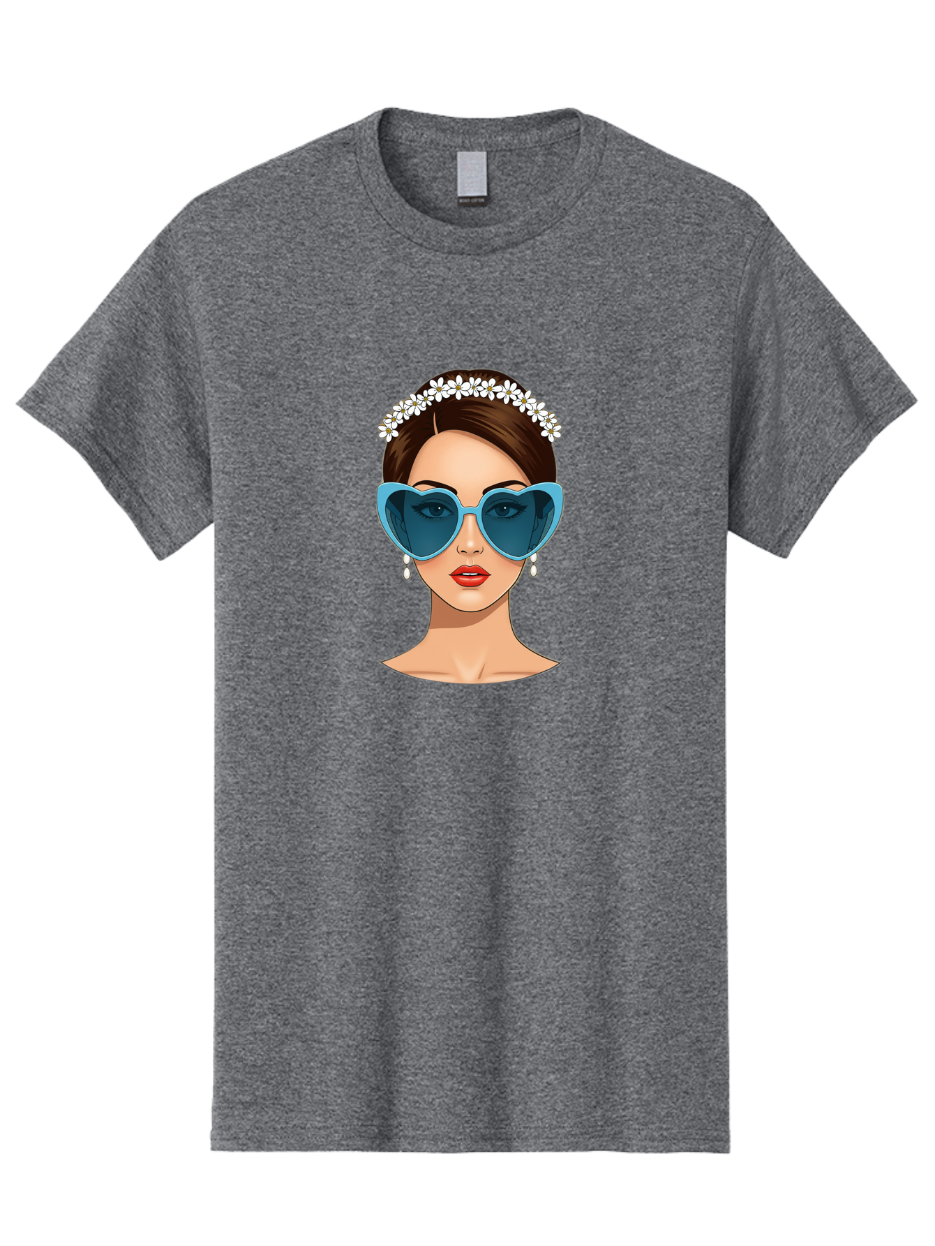 Woman-With-Heart-Shaped-Sunglasses Men'S Graphic Tee, 100% Cotton, Comfortable Casual Summer Wear, Machine Washable, Cartoon Woman, Heart-Shaped Sunglasses, Red Lips, White Floral Headband, Dangling Earrings, Pop Art Style, Bab594