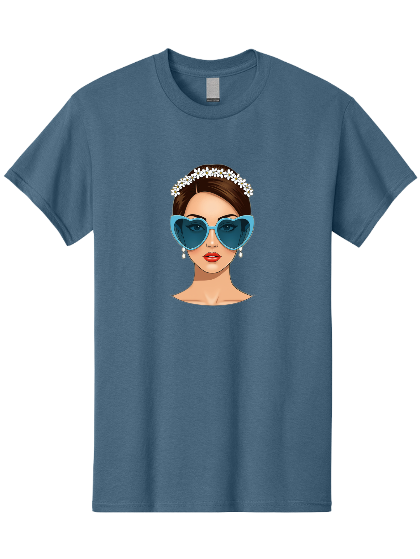 Woman-With-Heart-Shaped-Sunglasses Men'S Graphic Tee, 100% Cotton, Comfortable Casual Summer Wear, Machine Washable, Cartoon Woman, Heart-Shaped Sunglasses, Red Lips, White Floral Headband, Dangling Earrings, Pop Art Style, Bab594
