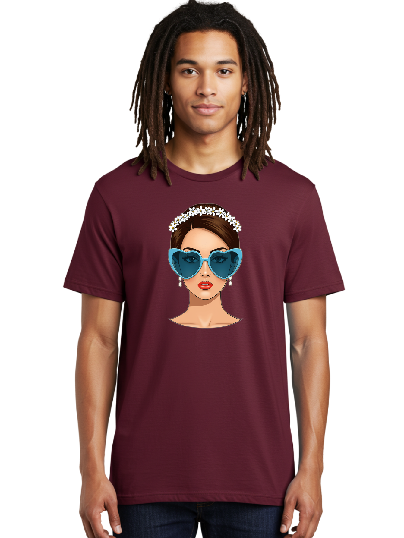 Woman-With-Heart-Shaped-Sunglasses Men'S Graphic Tee, 100% Cotton, Comfortable Casual Summer Wear, Machine Washable, Cartoon Woman, Heart-Shaped Sunglasses, Red Lips, White Floral Headband, Dangling Earrings, Pop Art Style, Bab594