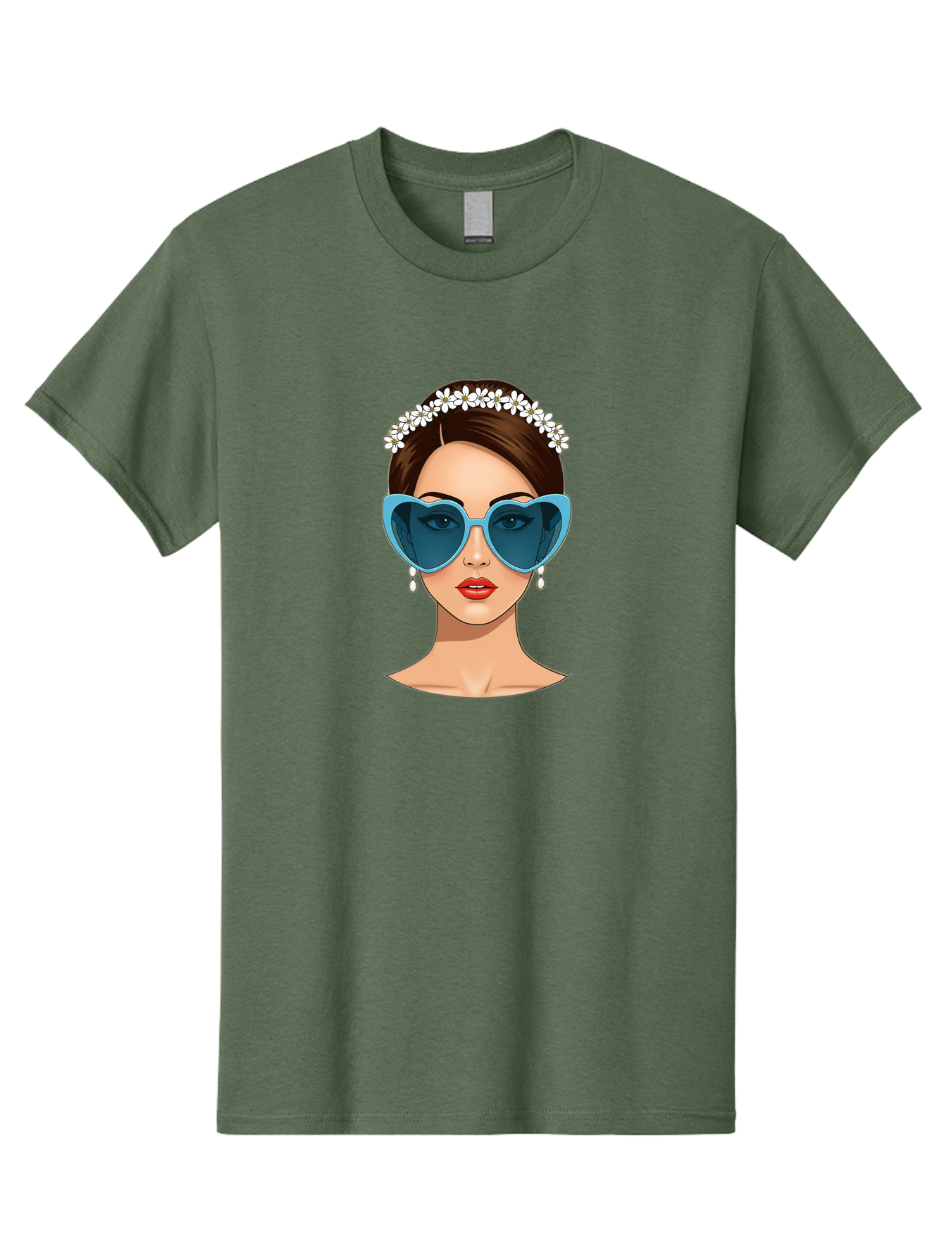 Woman-With-Heart-Shaped-Sunglasses Men'S Graphic Tee, 100% Cotton, Comfortable Casual Summer Wear, Machine Washable, Cartoon Woman, Heart-Shaped Sunglasses, Red Lips, White Floral Headband, Dangling Earrings, Pop Art Style, Bab594