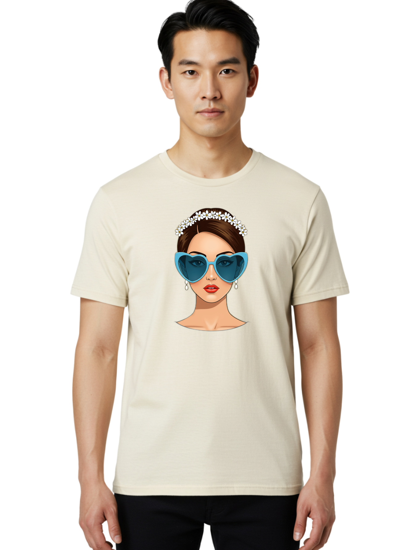 Woman-With-Heart-Shaped-Sunglasses Men'S Graphic Tee, 100% Cotton, Comfortable Casual Summer Wear, Machine Washable, Cartoon Woman, Heart-Shaped Sunglasses, Red Lips, White Floral Headband, Dangling Earrings, Pop Art Style, Bab594
