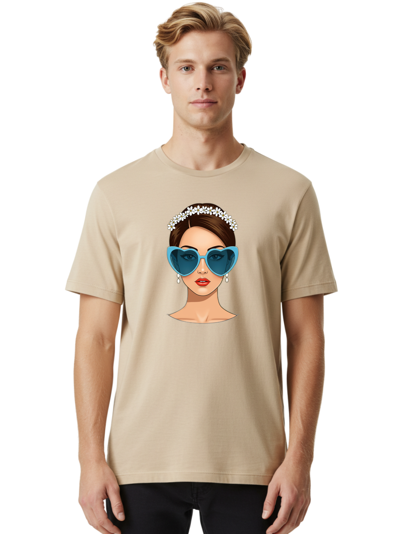 Woman-With-Heart-Shaped-Sunglasses Men'S Graphic Tee, 100% Cotton, Comfortable Casual Summer Wear, Machine Washable, Cartoon Woman, Heart-Shaped Sunglasses, Red Lips, White Floral Headband, Dangling Earrings, Pop Art Style, Bab594