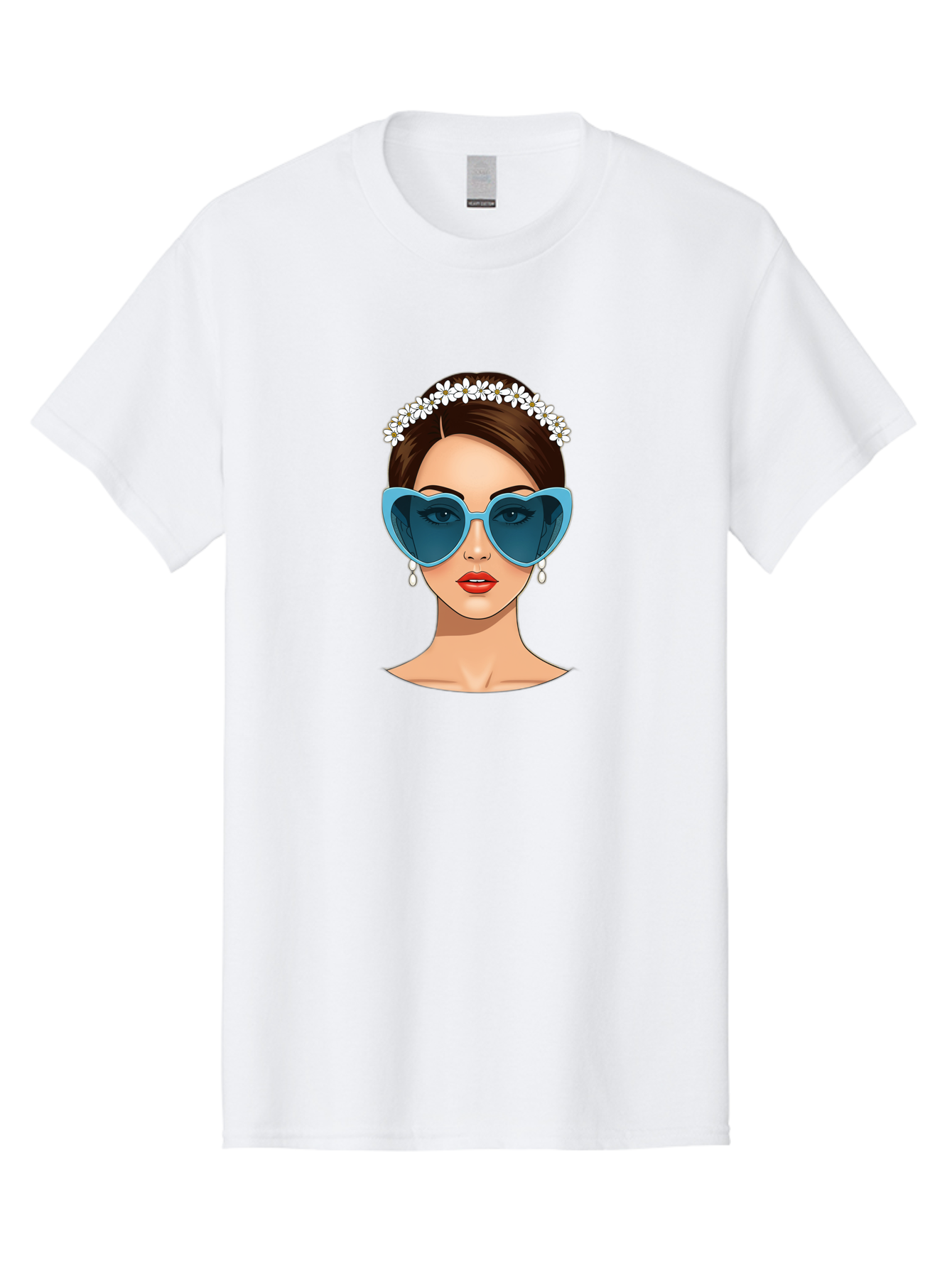 Woman-With-Heart-Shaped-Sunglasses Men'S Graphic Tee, 100% Cotton, Comfortable Casual Summer Wear, Machine Washable, Cartoon Woman, Heart-Shaped Sunglasses, Red Lips, White Floral Headband, Dangling Earrings, Pop Art Style, Bab594