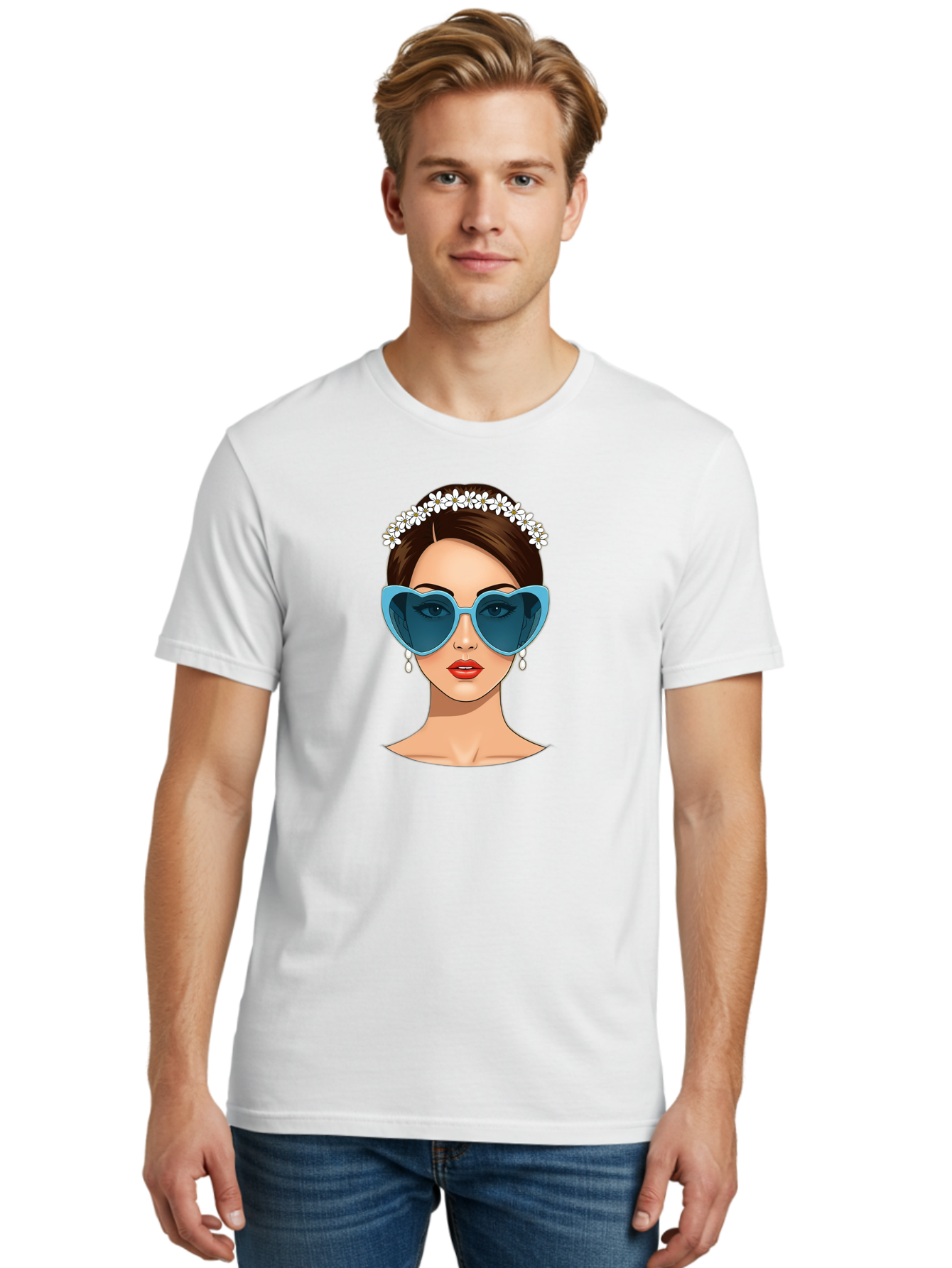 Woman-With-Heart-Shaped-Sunglasses Men'S Graphic Tee, 100% Cotton, Comfortable Casual Summer Wear, Machine Washable, Cartoon Woman, Heart-Shaped Sunglasses, Red Lips, White Floral Headband, Dangling Earrings, Pop Art Style, Bab594