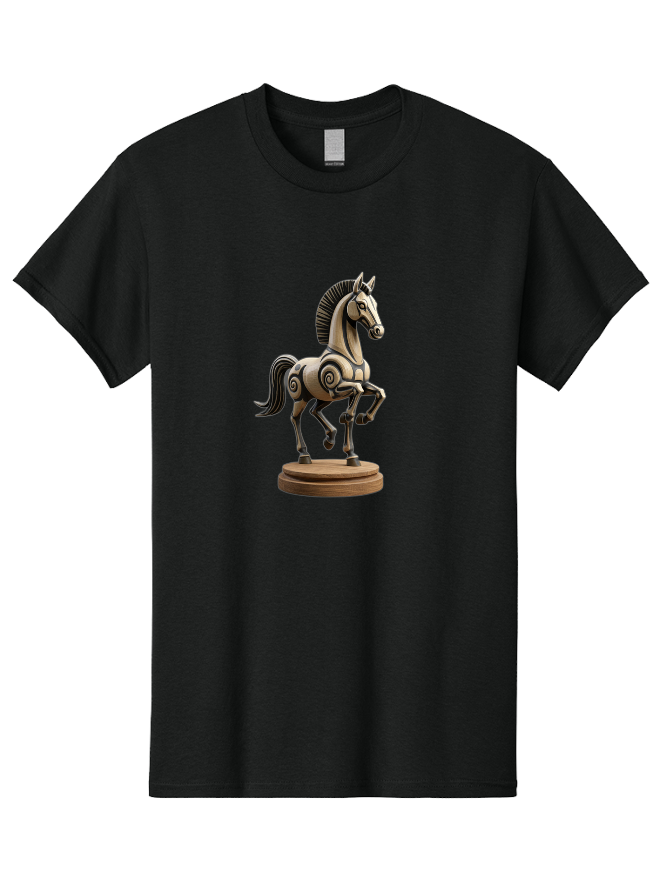 Wooden-Horse-Statue Men'S Graphic Tee, 100% Cotton, Comfortable Casual Summer Wear, Machine Washable, Mechanical Horse, Wooden Horse, Figurine, Horse Sculpture, Decorative Art, Spiral Patterns, Wooden Craftsmanship, Horse Figurine, Bab595
