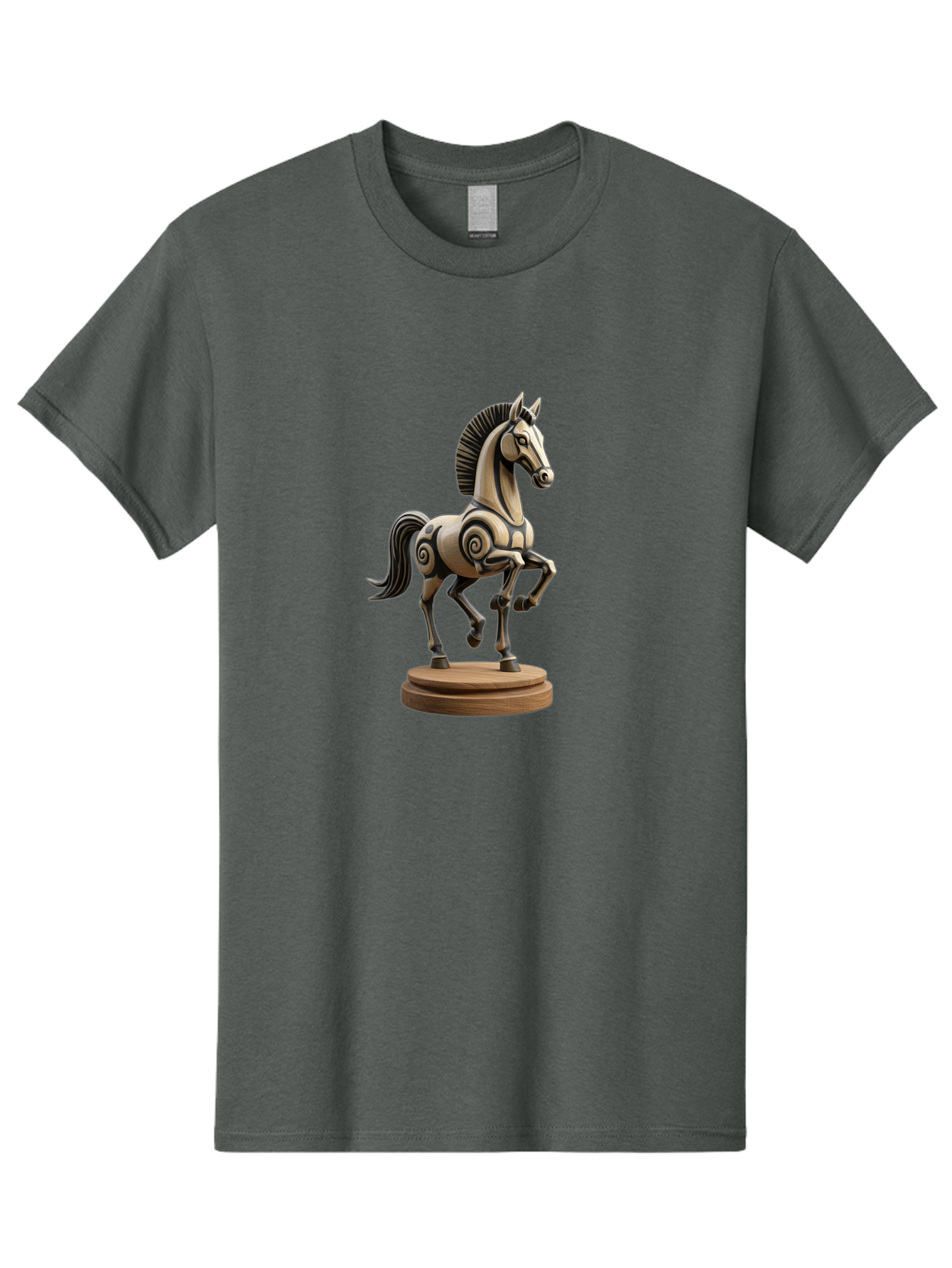 Wooden-Horse-Statue Men'S Graphic Tee, 100% Cotton, Comfortable Casual Summer Wear, Machine Washable, Mechanical Horse, Wooden Horse, Figurine, Horse Sculpture, Decorative Art, Spiral Patterns, Wooden Craftsmanship, Horse Figurine, Bab595