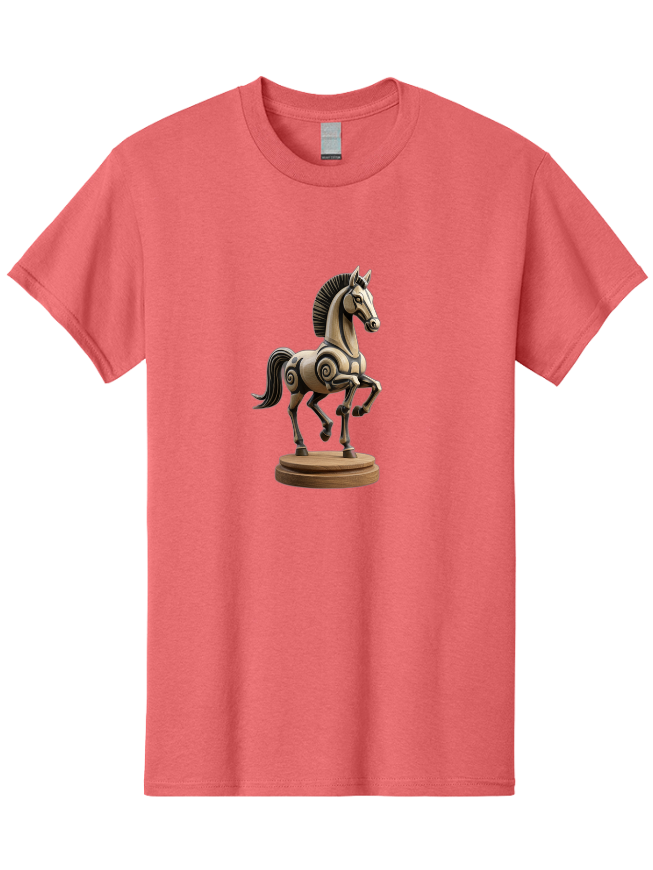Wooden-Horse-Statue Men'S Graphic Tee, 100% Cotton, Comfortable Casual Summer Wear, Machine Washable, Mechanical Horse, Wooden Horse, Figurine, Horse Sculpture, Decorative Art, Spiral Patterns, Wooden Craftsmanship, Horse Figurine, Bab595